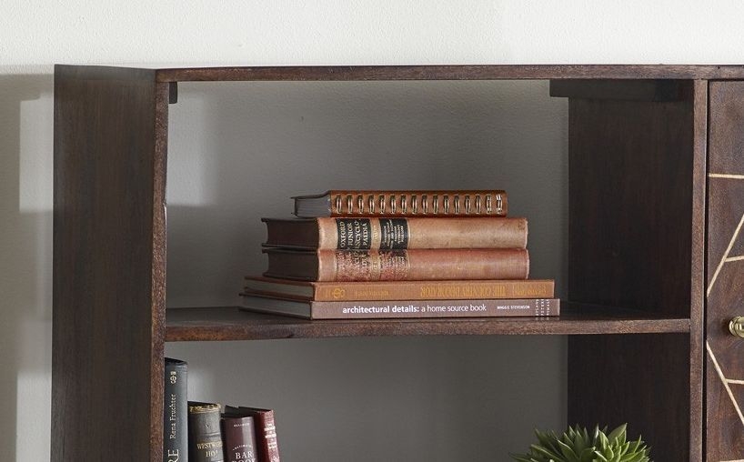 Kaza Dark Mango Wood Display Cabinet - Hairpin Legs with Gold Geometric Inlay