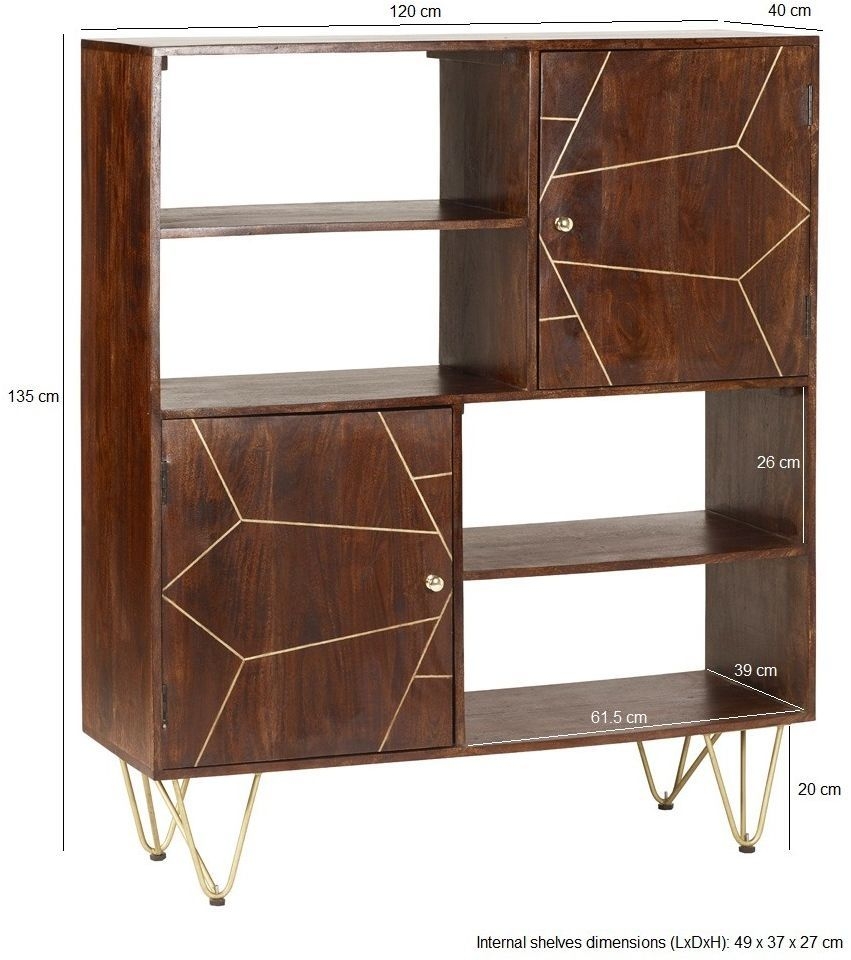 Kaza Dark Mango Wood Display Cabinet - Hairpin Legs with Gold Geometric Inlay