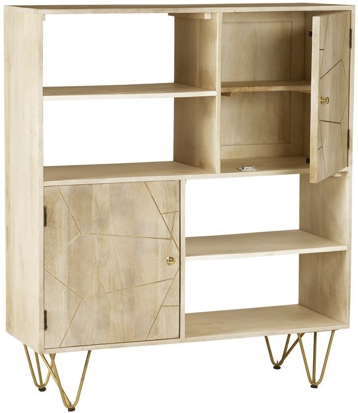 Kaza Light Mango Wood Display Cabinet - Hairpin Legs with Gold Geometric Inlay