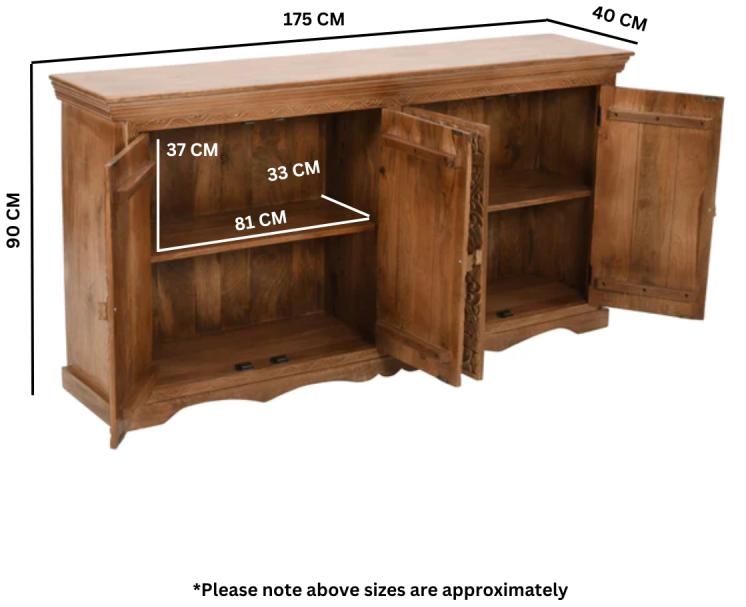 Carved Mango Wood 175cm Extra Large Sideboard - 4 Doors
