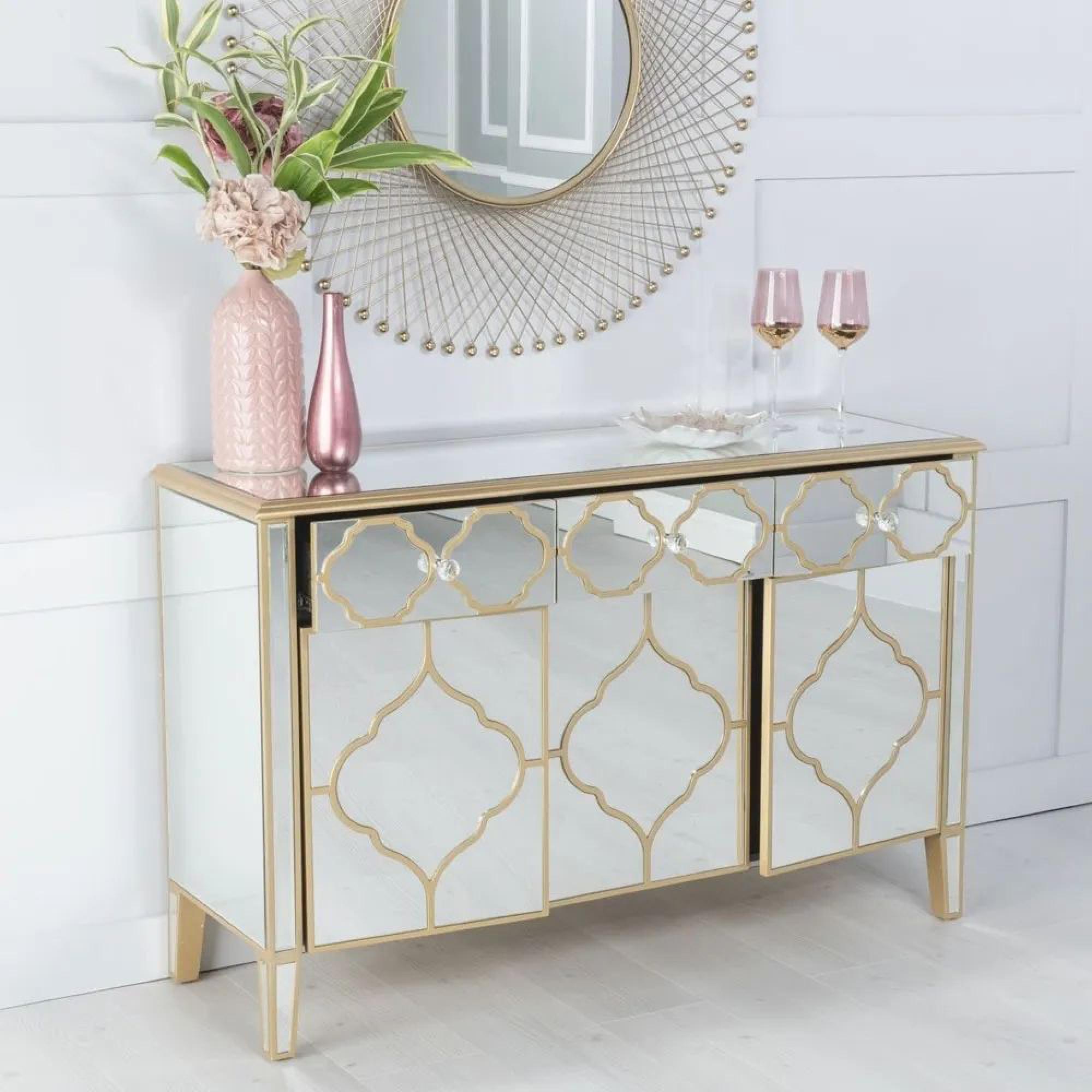 Casablanca Large Sideboard - 125cm - 3 Door - Mirrored - Gold Trim