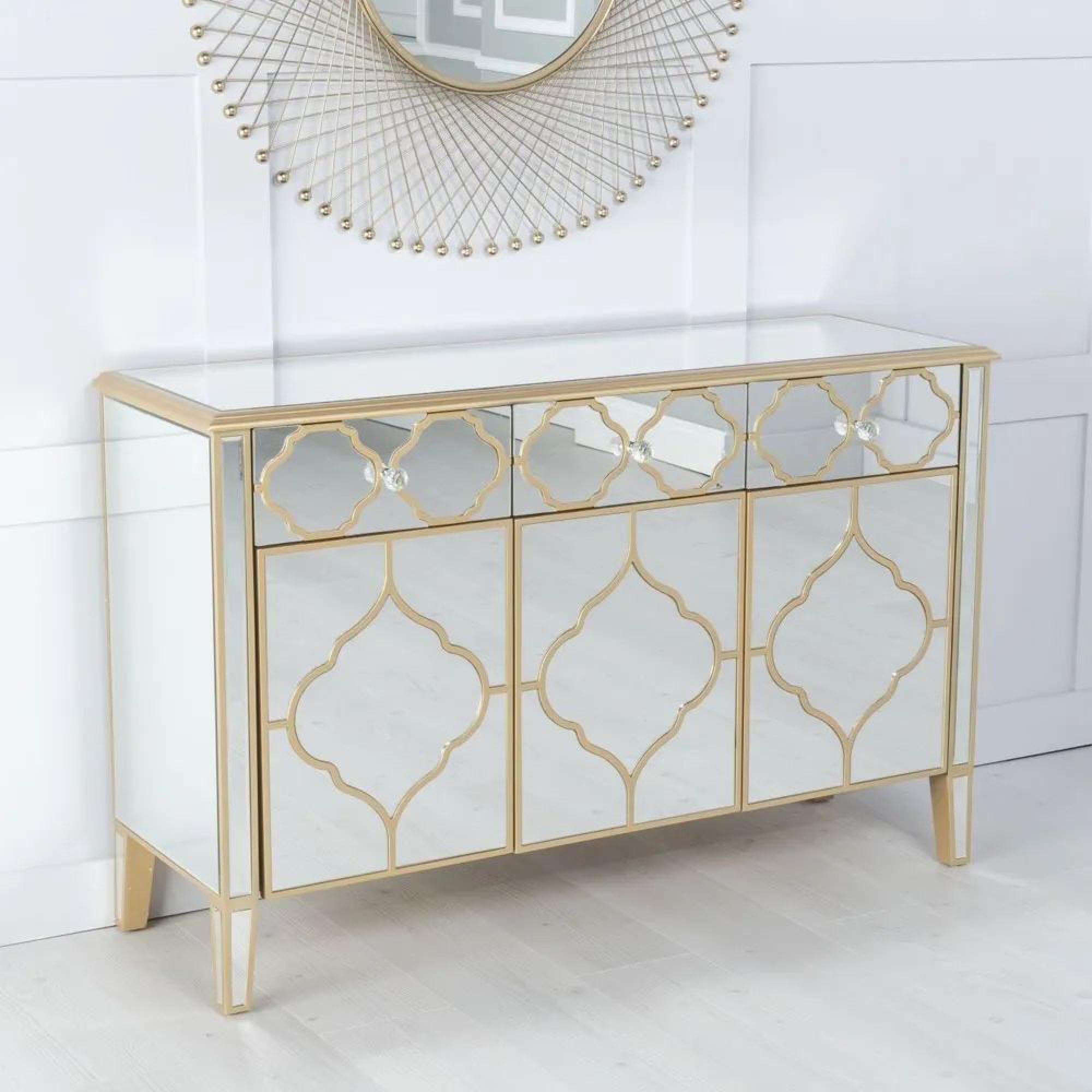 Casablanca Large Sideboard - 125cm - 3 Door - Mirrored - Gold Trim
