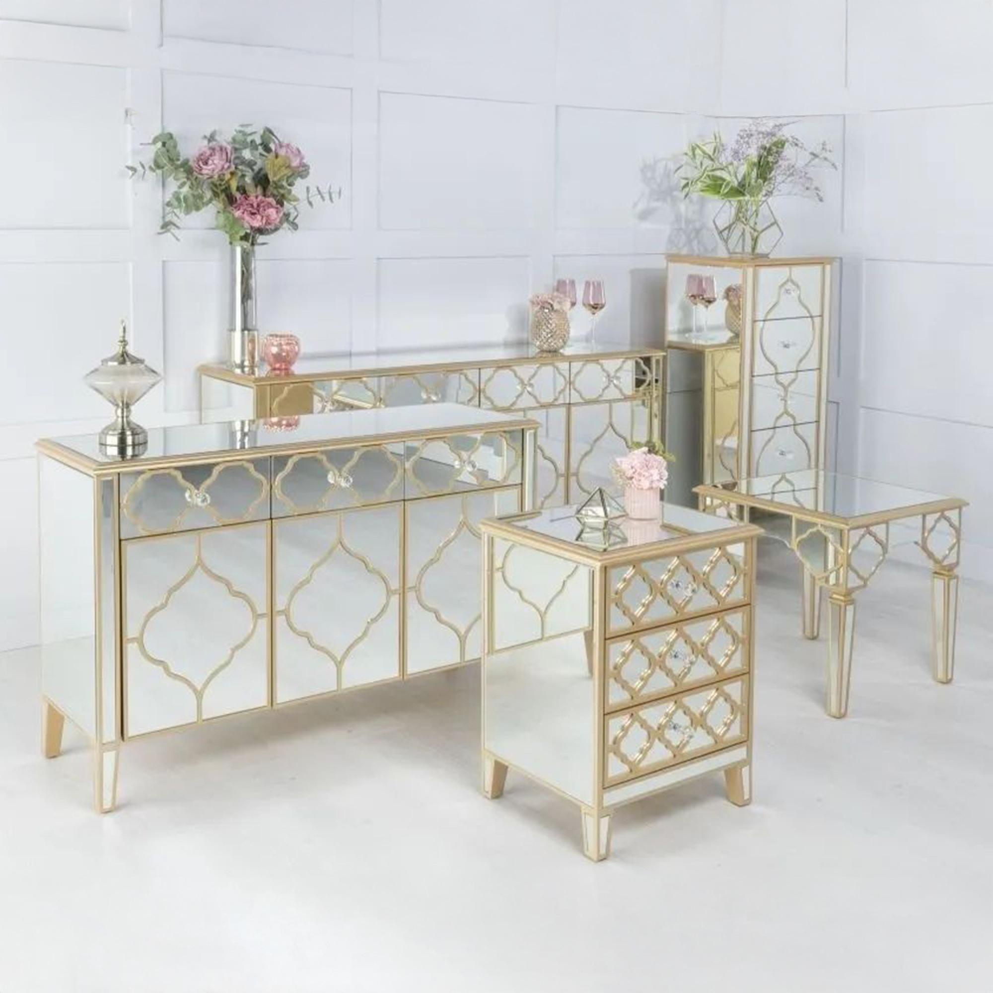 Casablanca Large Sideboard - 125cm - 3 Door - Mirrored - Gold Trim