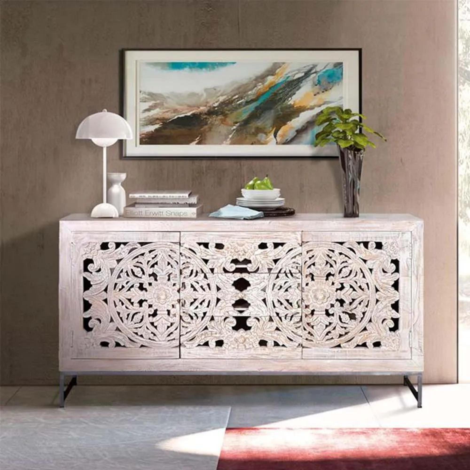 Clearance - Quintana White Washed Carved Mango Wood 2 Door 150cm Large Sideboard - FSS16201