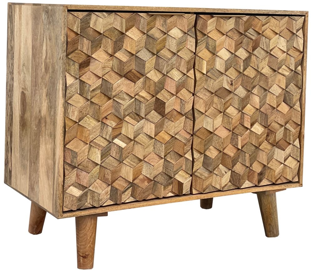 Geometric Carved Mango Wood Small Sideboard - 2 Doors