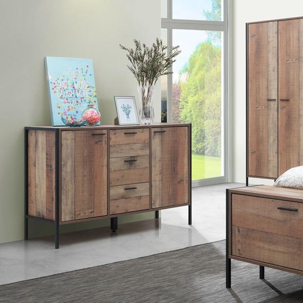 Industrial Rustic Oak Effect 2 Door 3 Drawer Sideboard