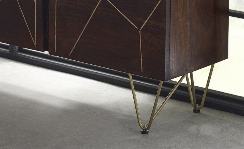 Kaza Dark Mango Wood 160cm Large Sideboard - Hairpin Legs with Gold Geometric Inlay
