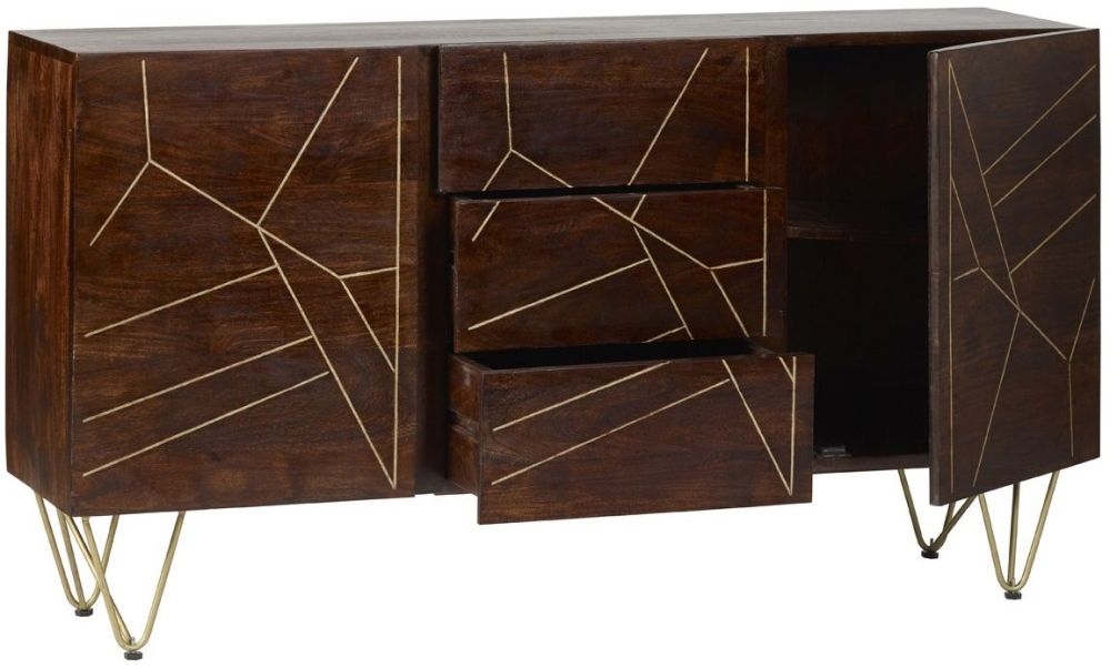 Kaza Dark Mango Wood 160cm Large Sideboard - Hairpin Legs with Gold Geometric Inlay