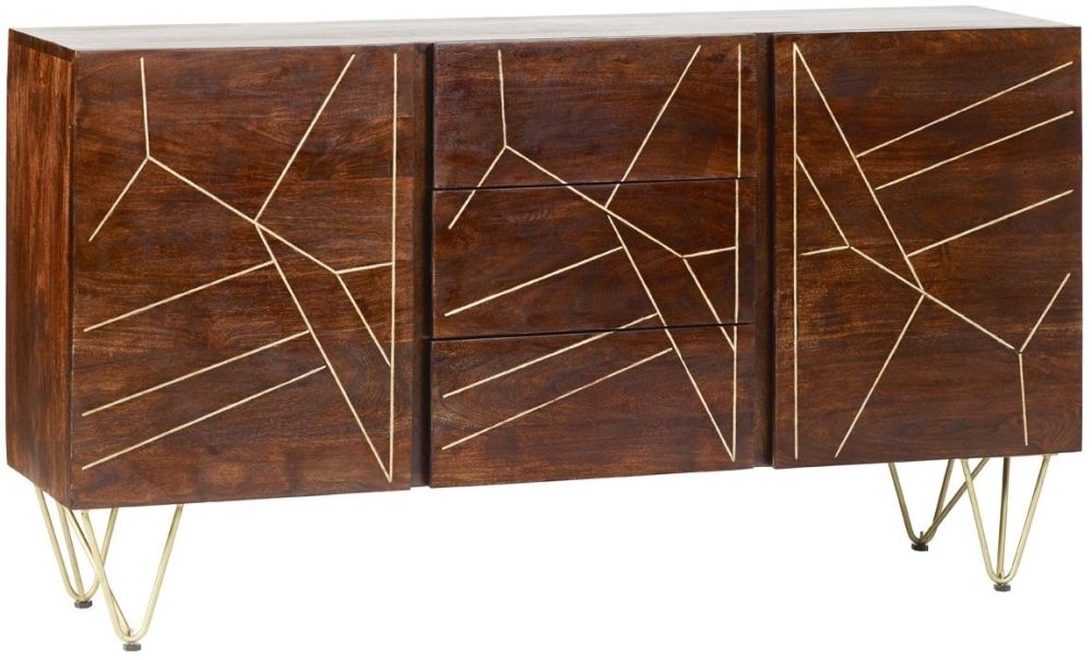 Kaza Dark Mango Wood 160cm Large Sideboard - Hairpin Legs with Gold Geometric Inlay