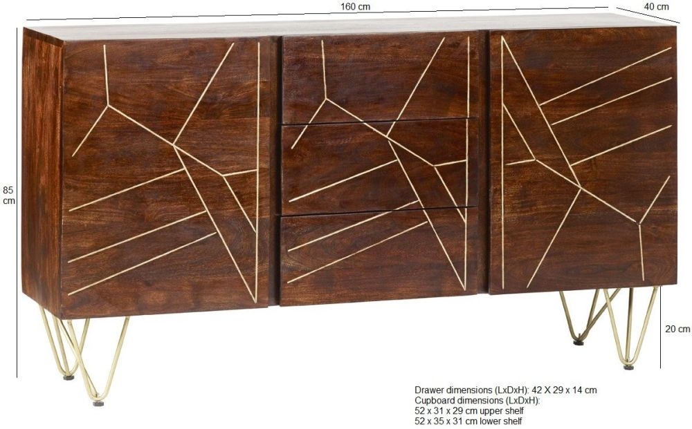 Kaza Dark Mango Wood 160cm Large Sideboard - Hairpin Legs with Gold Geometric Inlay