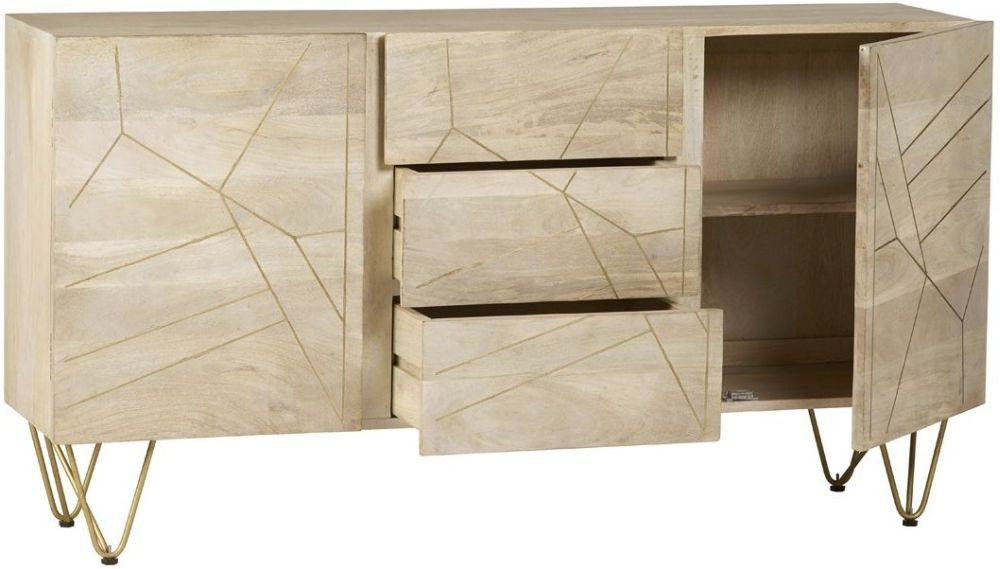 Kaza Light Mango Wood 160cm Large Sideboard - Hairpin Legs with Gold Geometric Inlay