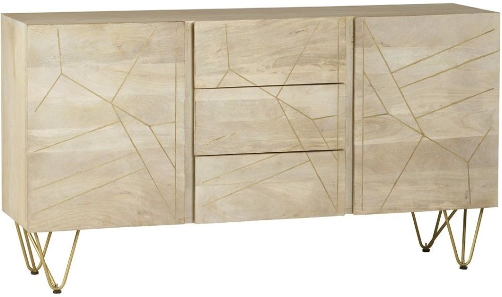 Kaza Light Mango Wood 160cm Large Sideboard - Hairpin Legs with Gold Geometric Inlay