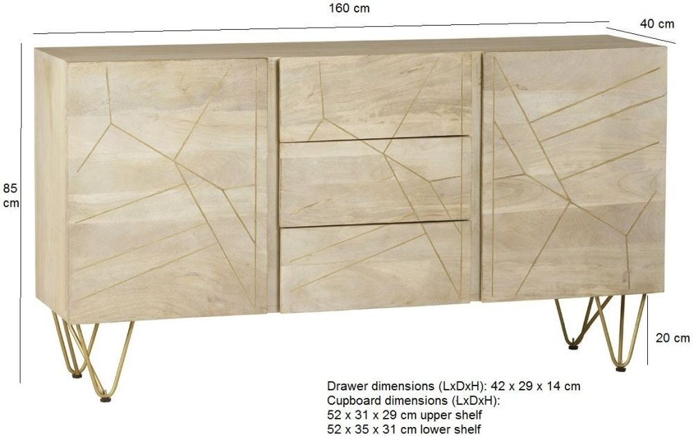 Kaza Light Mango Wood 160cm Large Sideboard - Hairpin Legs with Gold Geometric Inlay