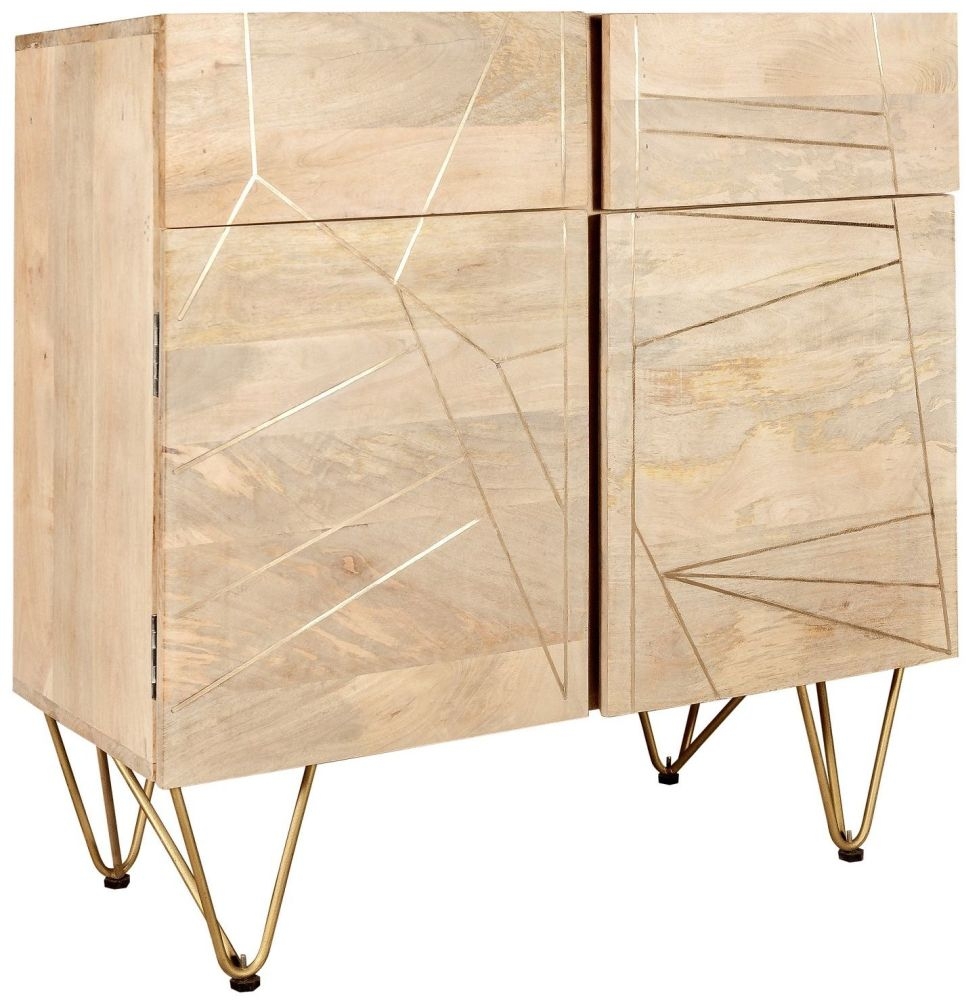 Kaza Light Mango Wood 90cm Small Sideboard - Hairpin Legs with Gold Geometric Inlay