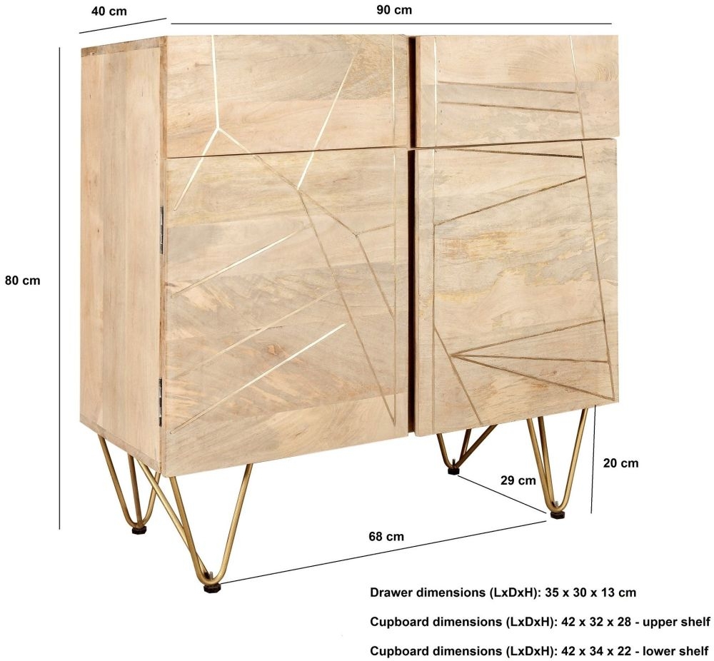 Kaza Light Mango Wood 90cm Small Sideboard - Hairpin Legs with Gold Geometric Inlay