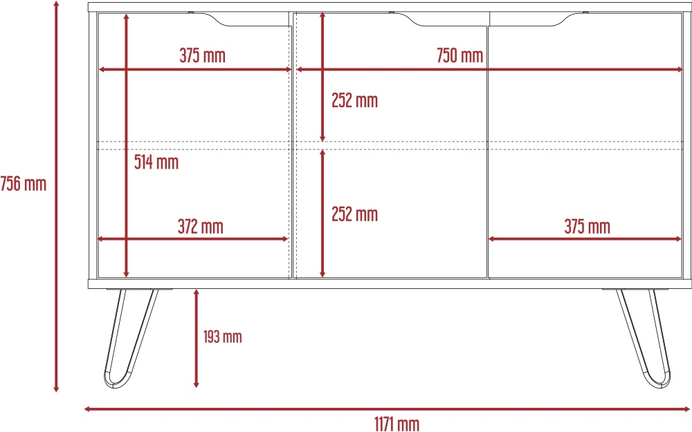 Manhattan Medium Sideboard - 3 Door - Grey - Hairpin Legs