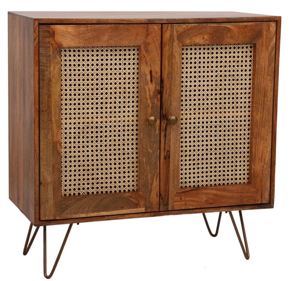 Nyack Mango Wood with Rattan 90cm Small 2 Door Sideboard - Hairpin Legs