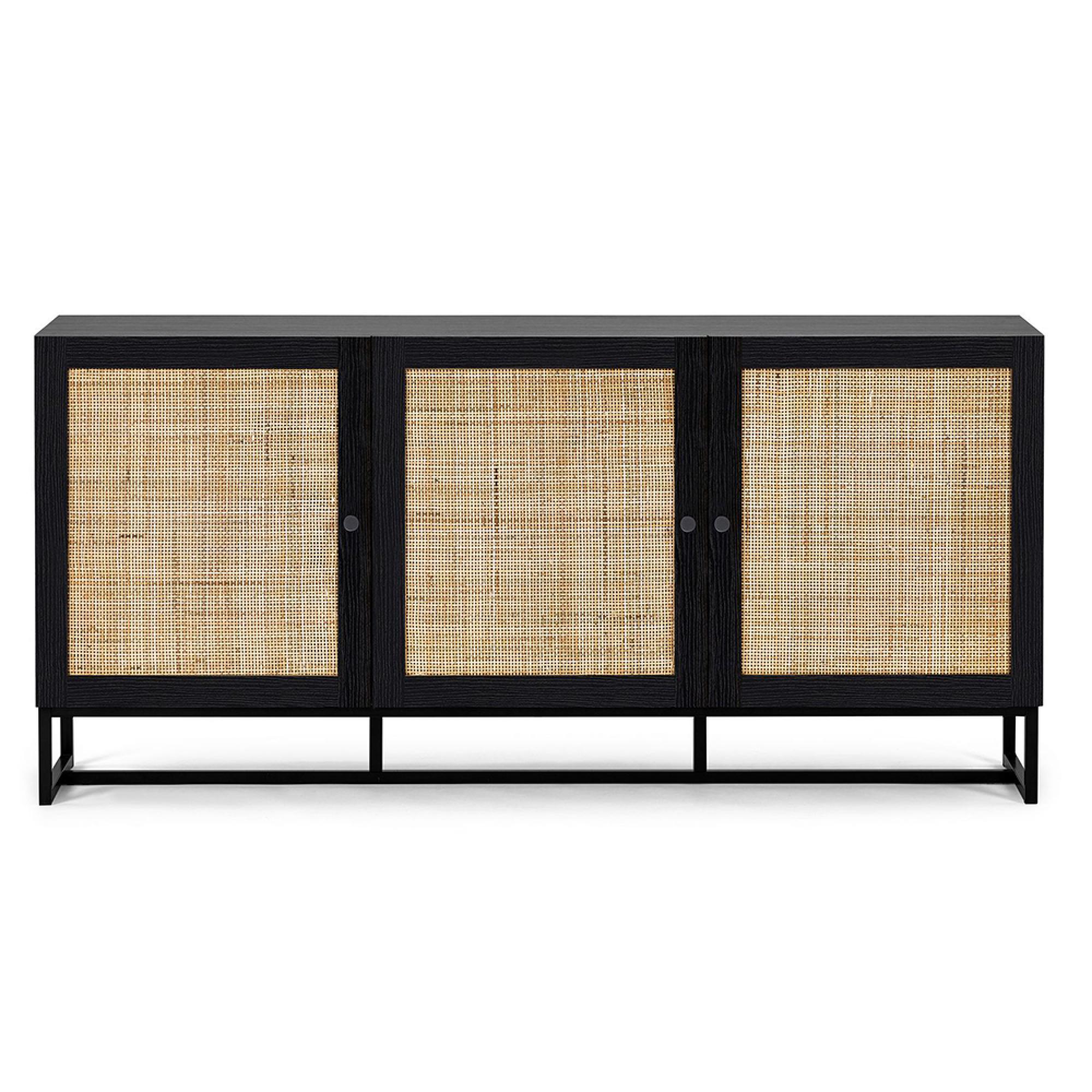 Padstow Large Sideboard - 160cm - 3 Doors - Black and Rattan