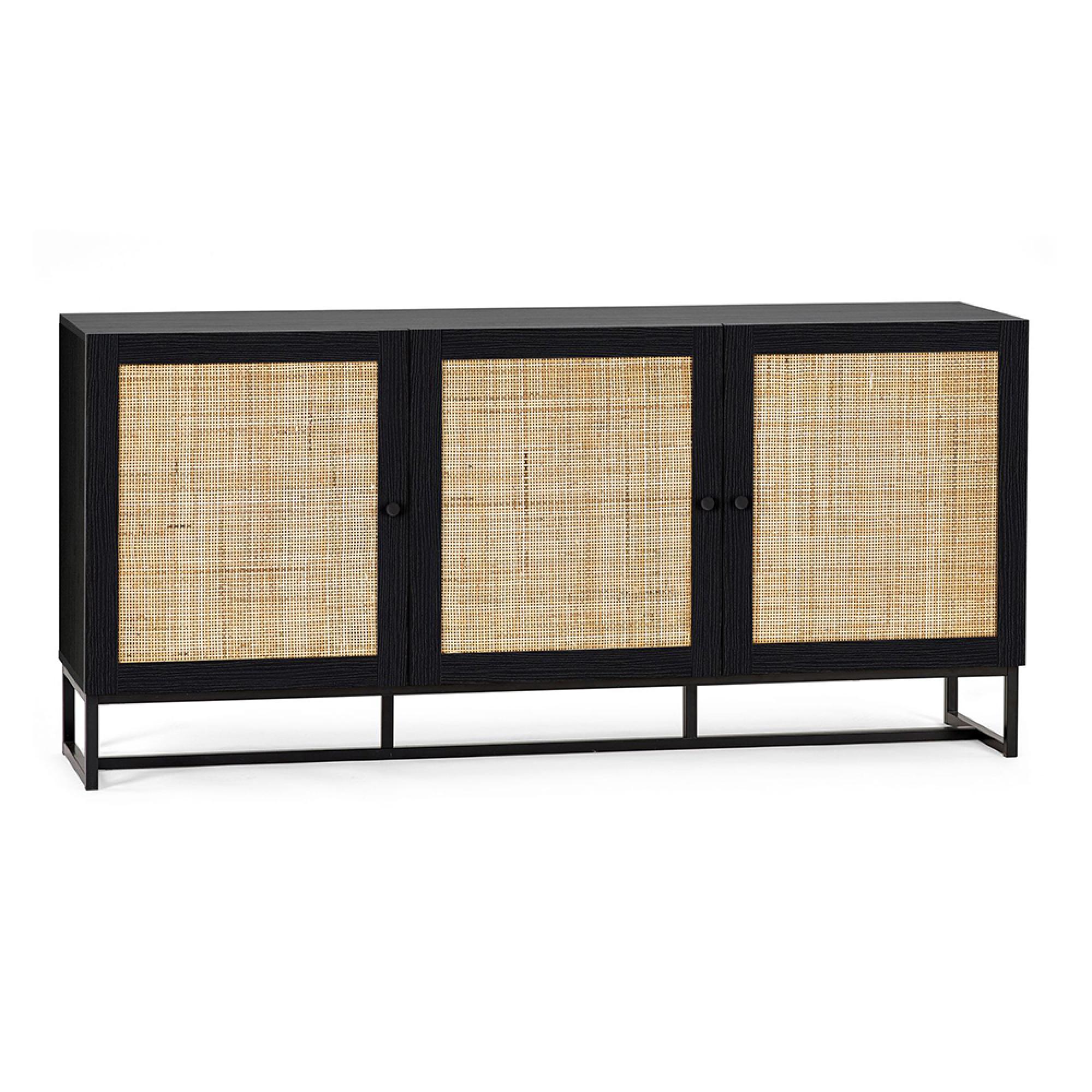Padstow Large Sideboard - 160cm - 3 Doors - Black and Rattan
