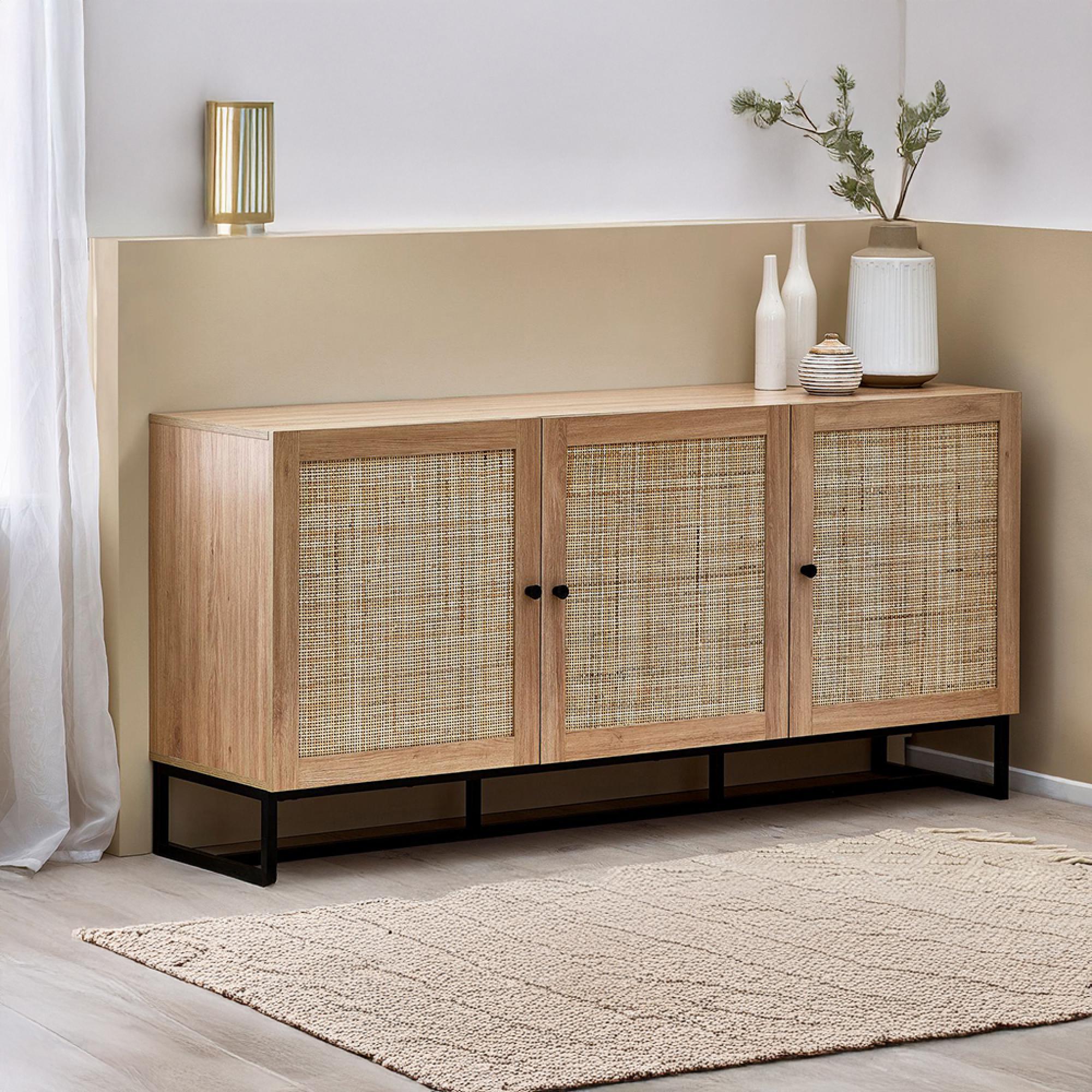 Padstow Large Sideboard - 160cm - 3 Doors - Oak and Rattan