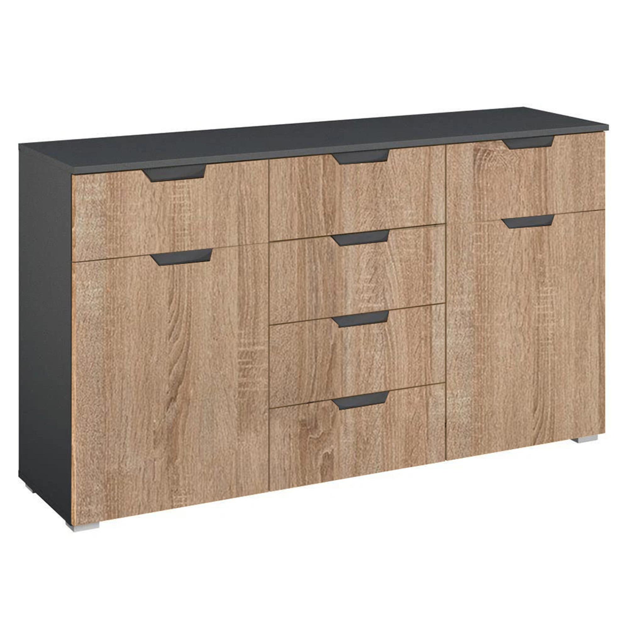 Rauch Aditio 2 Door Medium Sideboard with 6 Drawer - 120cm - Metallic Dark Grey and Sonoma Oak