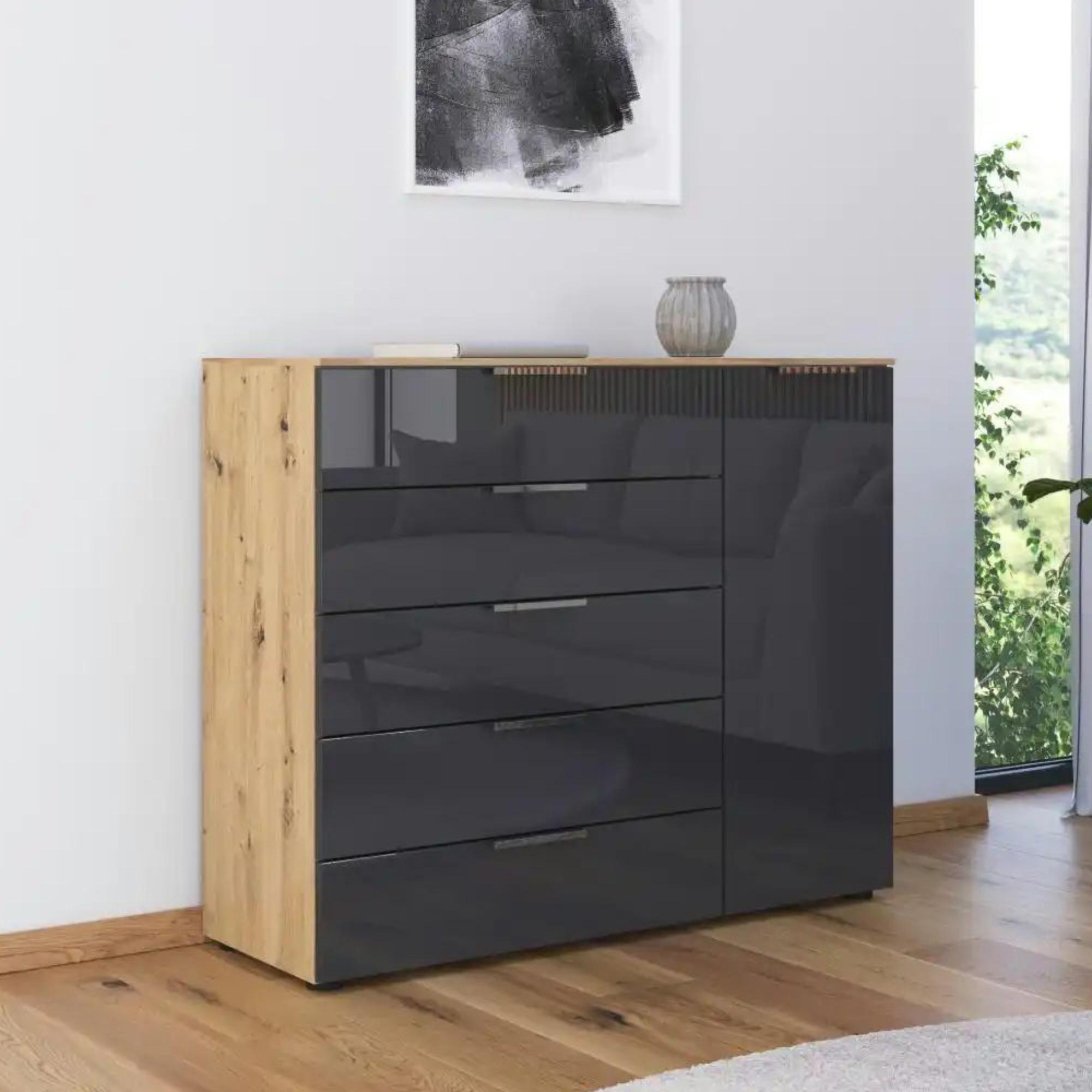 Rauch Flipp 1 Door Sideboard with Adjustable Height - 120cm - Artisan Oak and Basalt Glass
