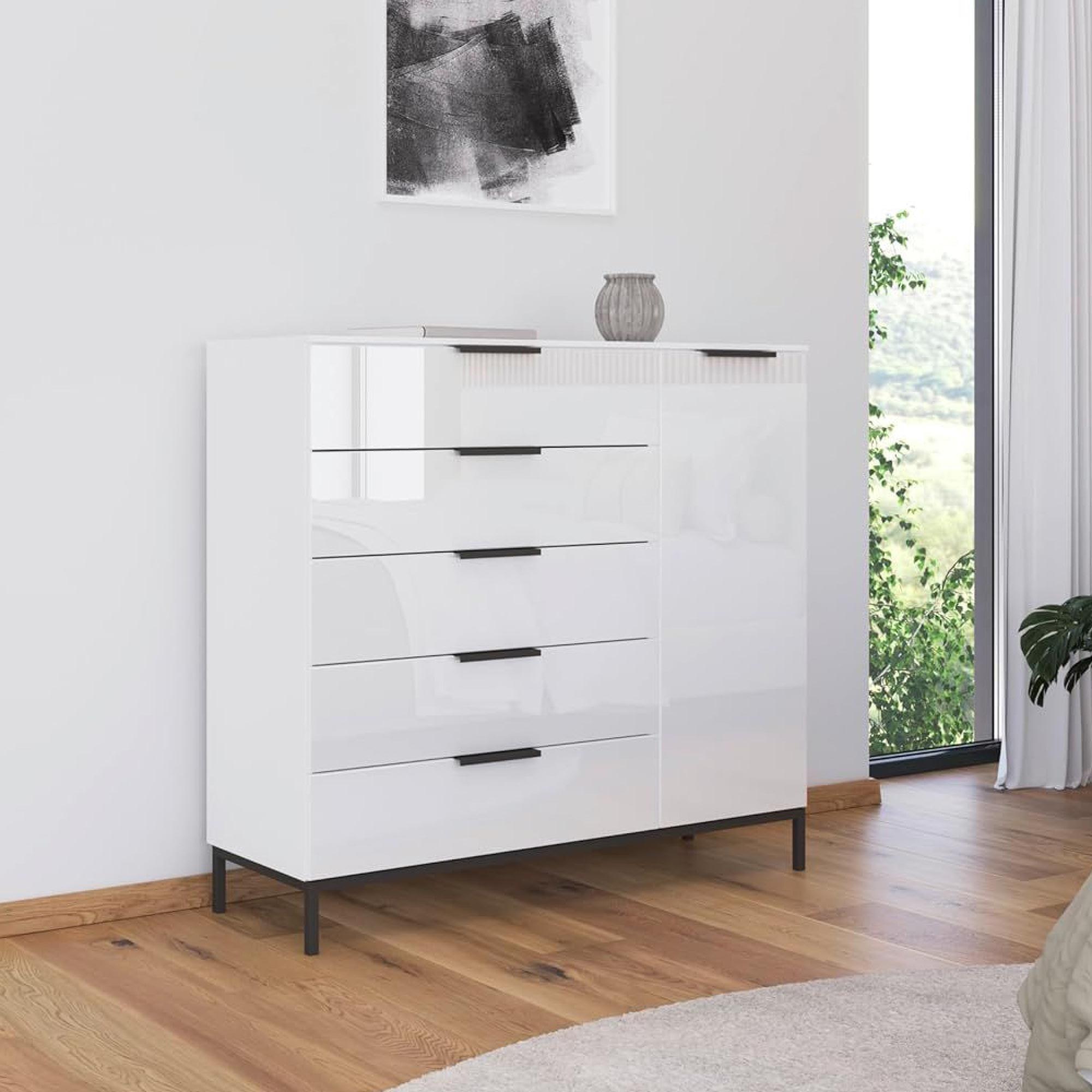 Rauch Flipp 1 Door Sideboard with Metal Base - 120cm - Alpine White and White Glass