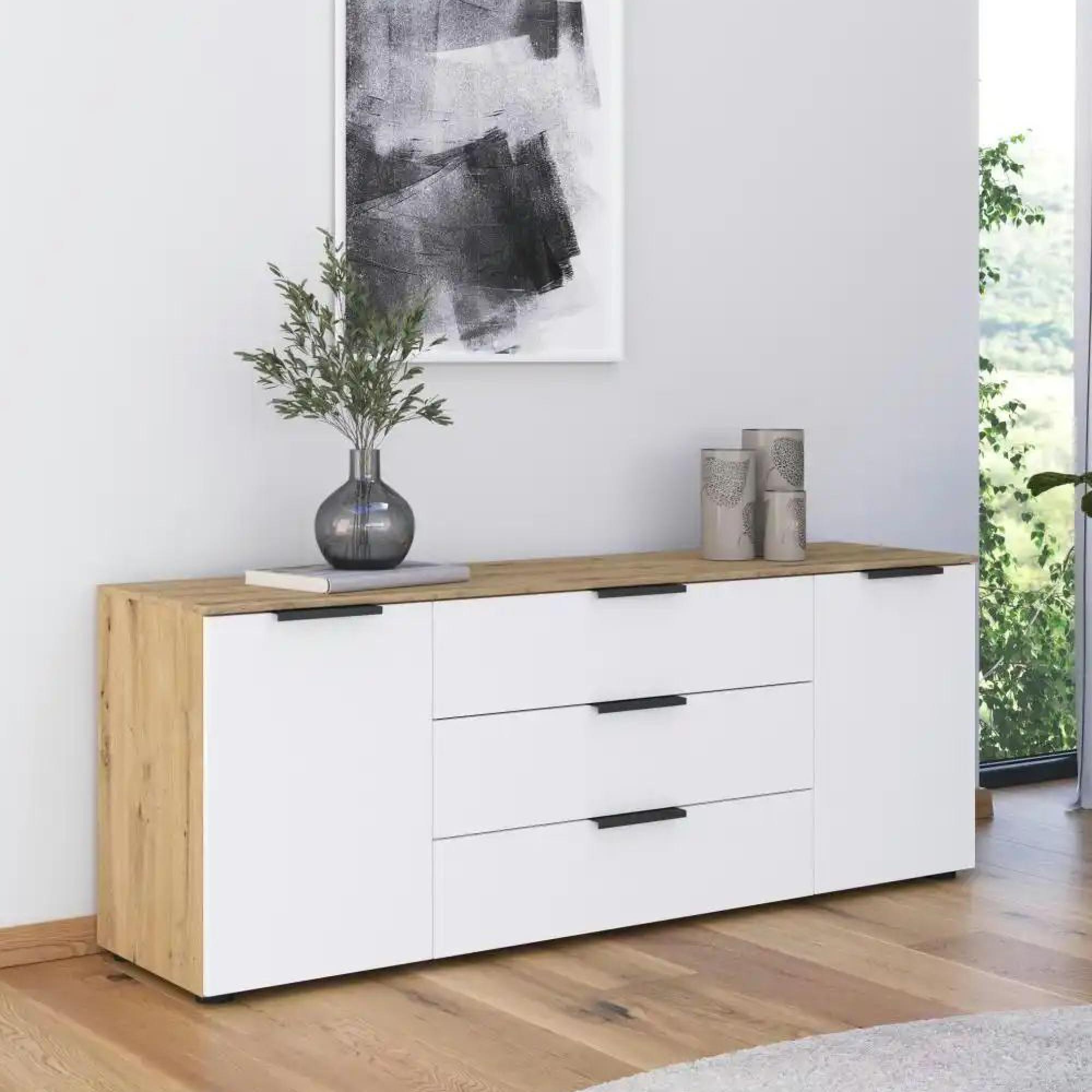 Rauch Flipp 2 Door Low Sideboard with Adjustable Height - 160cm - Artisan Oak and Alpine White