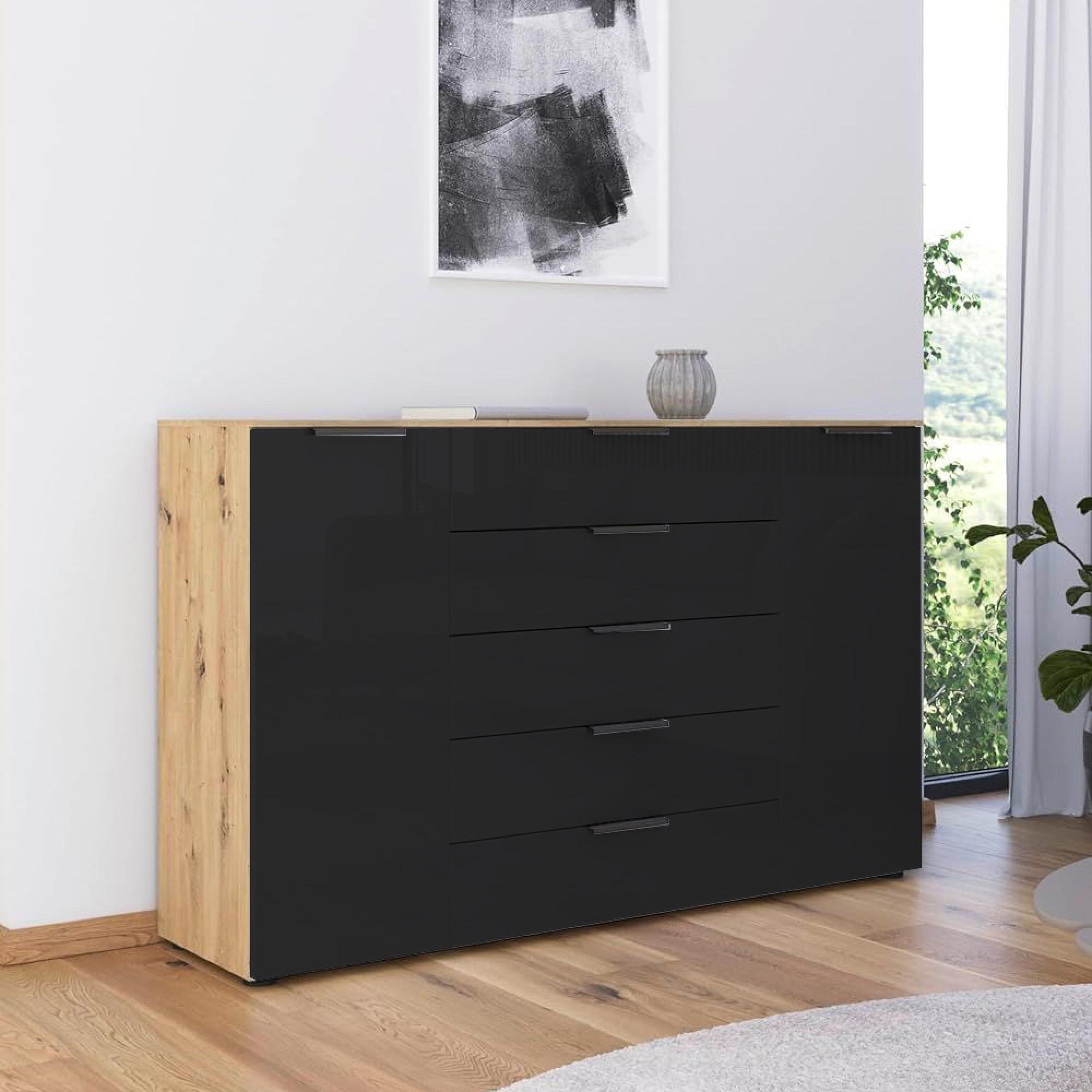 Rauch Flipp 2 Door Sideboard with Adjustable Height - 160cm - Artisan Oak and Basalt Glass