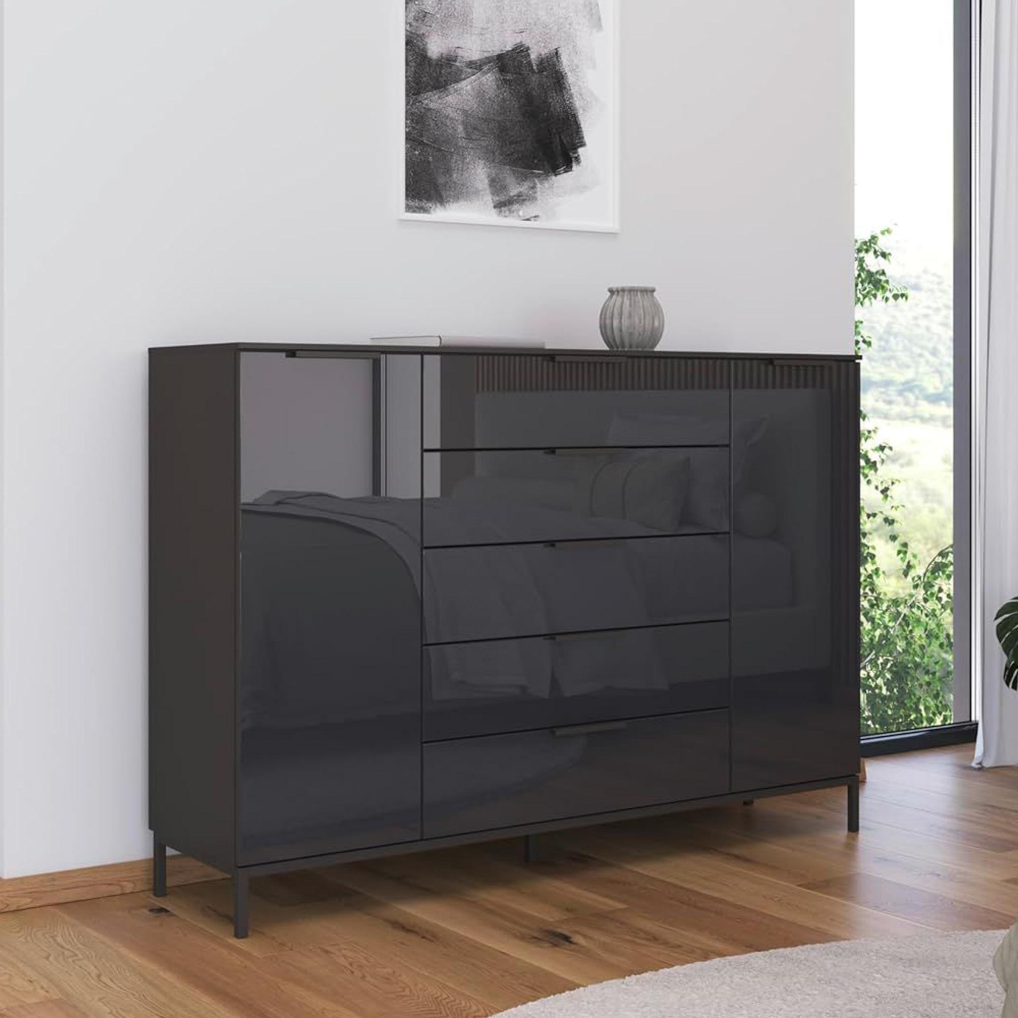 Rauch Flipp 2 Door Sideboard with Metal Base - 180cm - Graphite and Basalt Glass