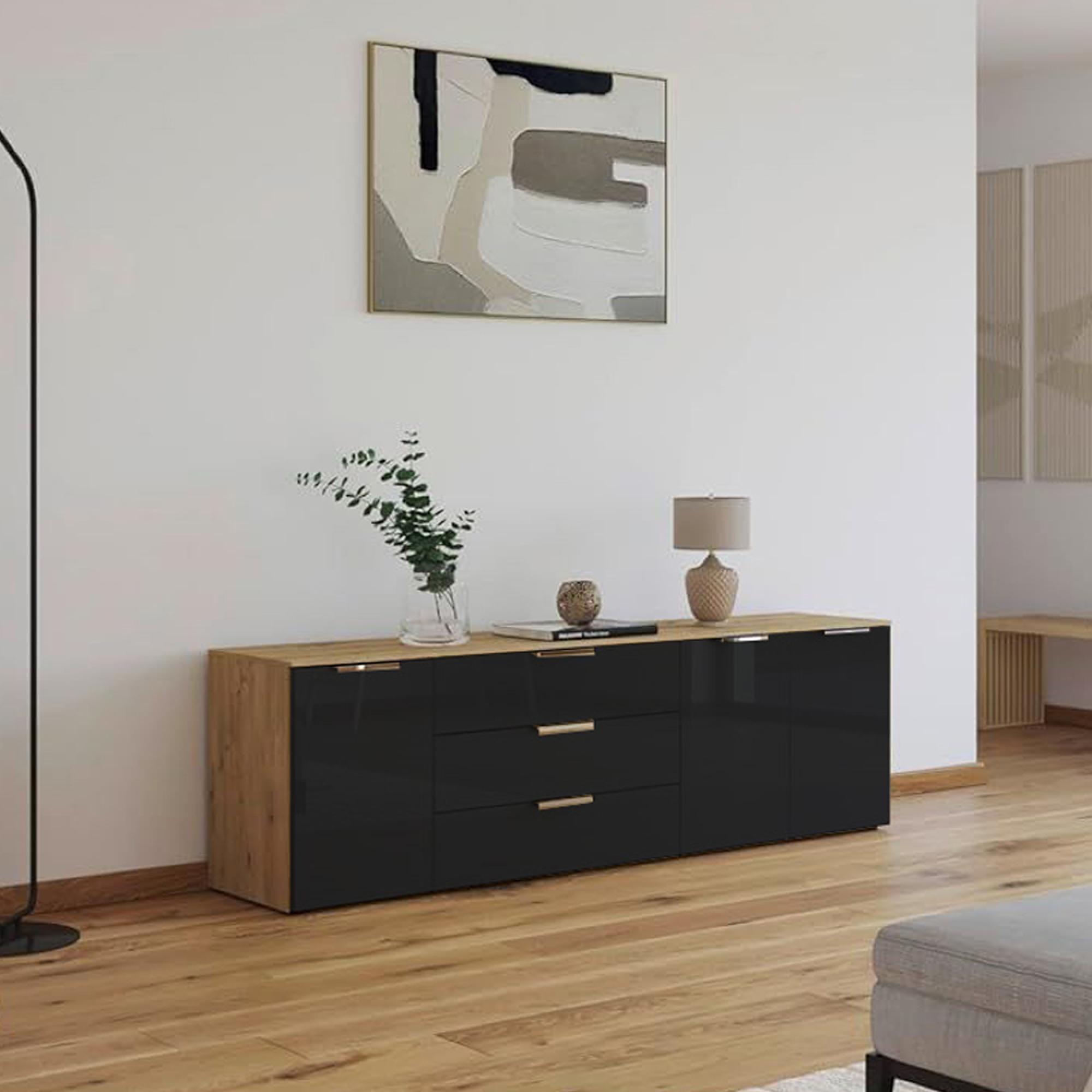 Rauch Flipp 3 Door Low Sideboard with Adjustable Height - 199cm - Artisan Oak and Basalt Glass