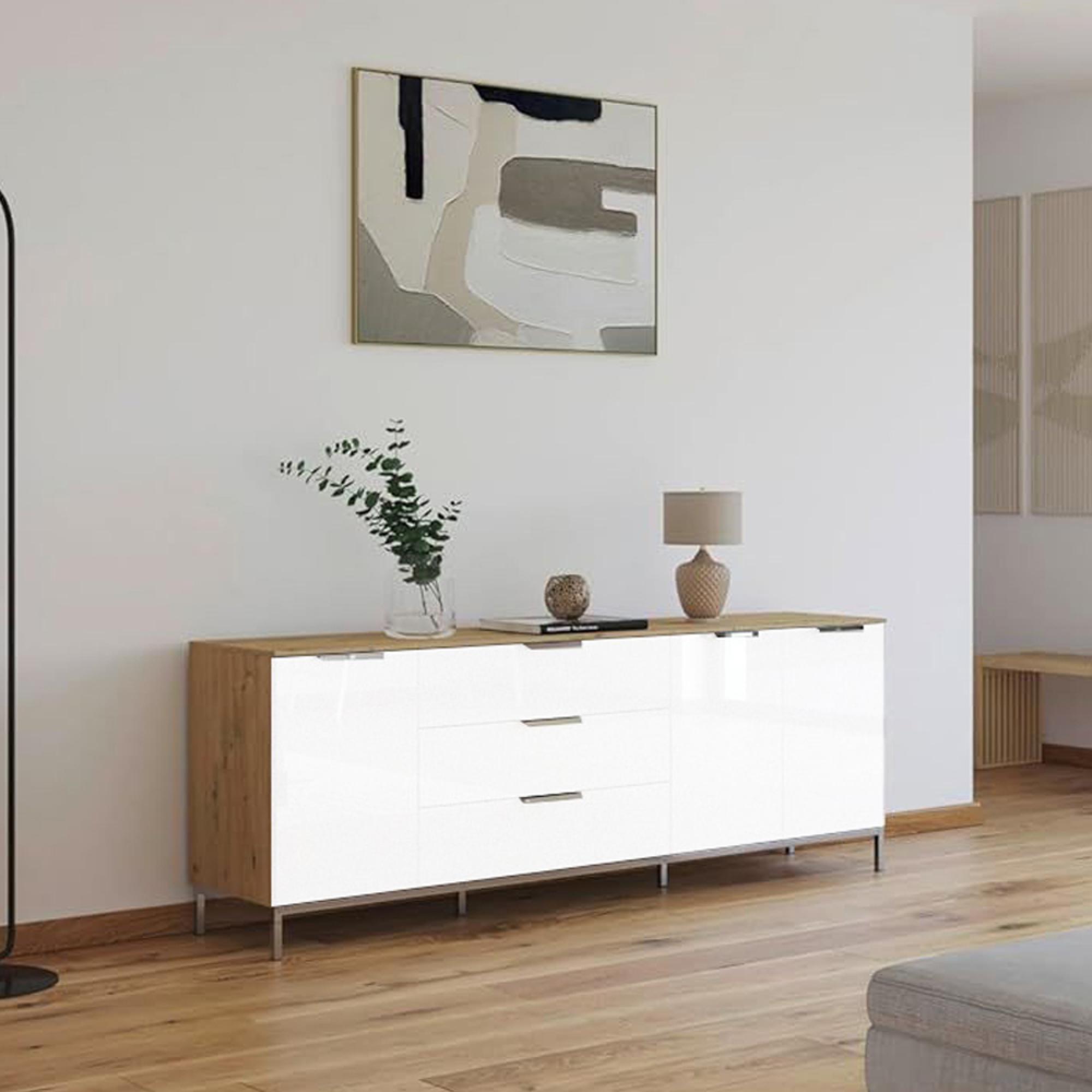 Rauch Flipp 3 Door Low Sideboard with Metal Base - 199cm - Artisan Oak and Alpine White