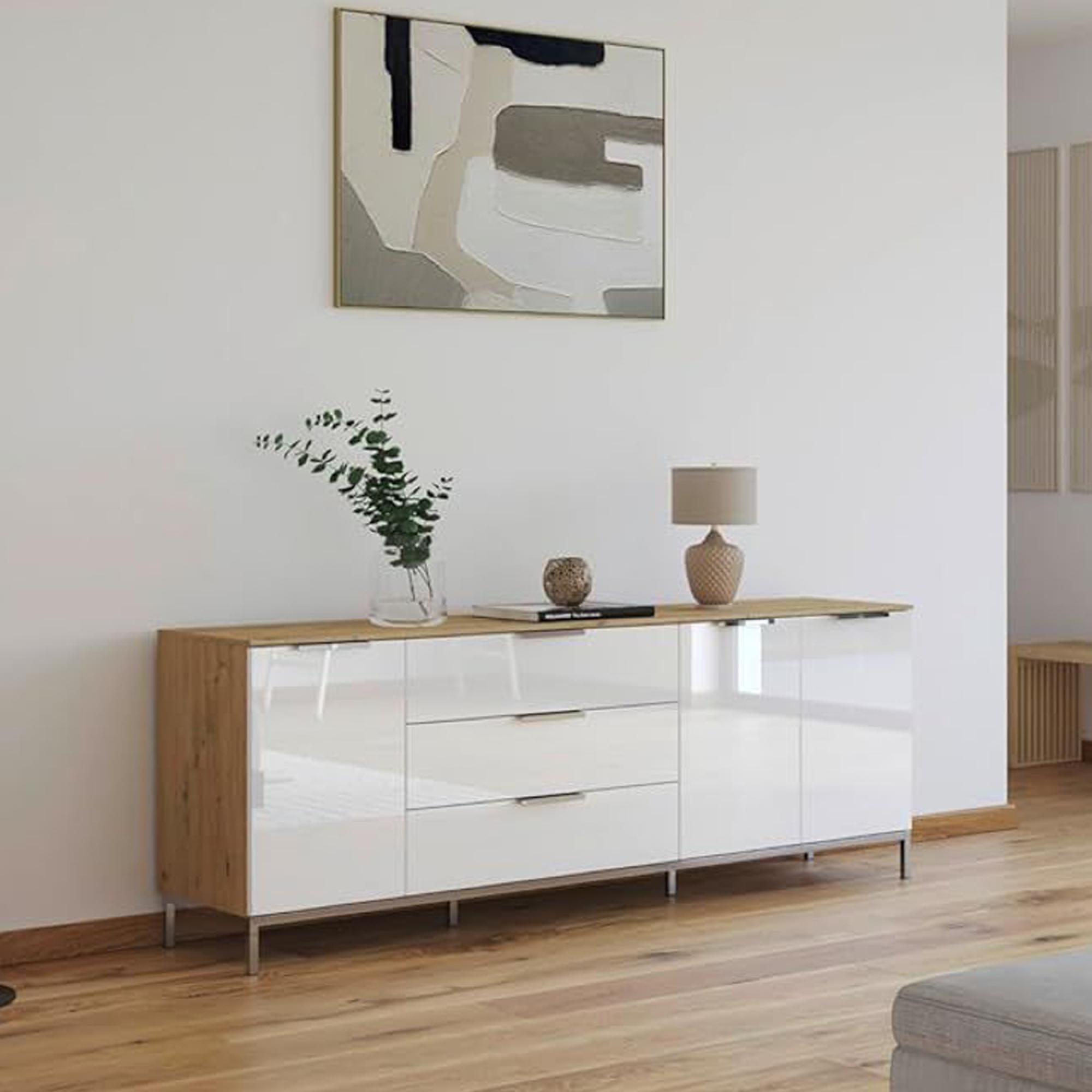 Rauch Flipp 3 Door Low Sideboard with Metal Base - 199cm - Artisan Oak and White Glass