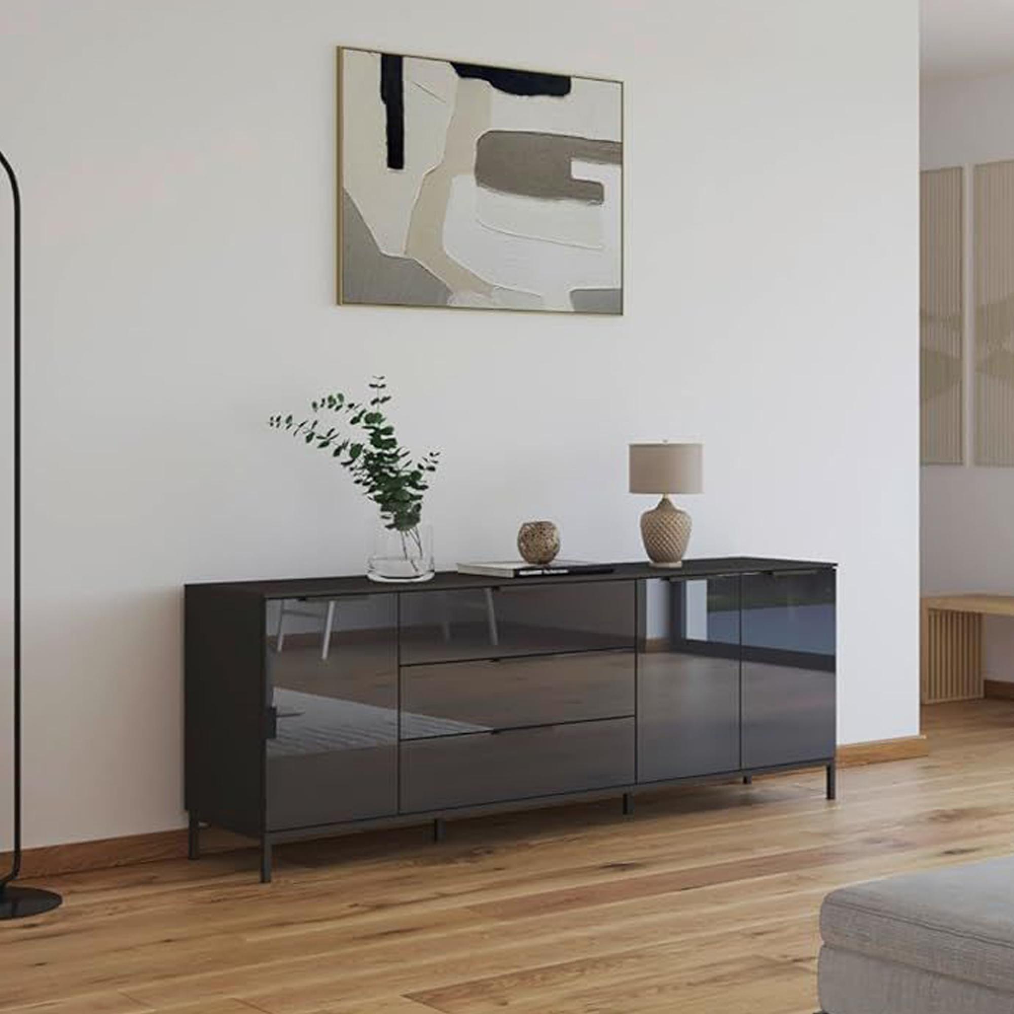 Rauch Flipp 3 Door Low Sideboard with Metal Base - 199cm - Graphite and Basalt Glass