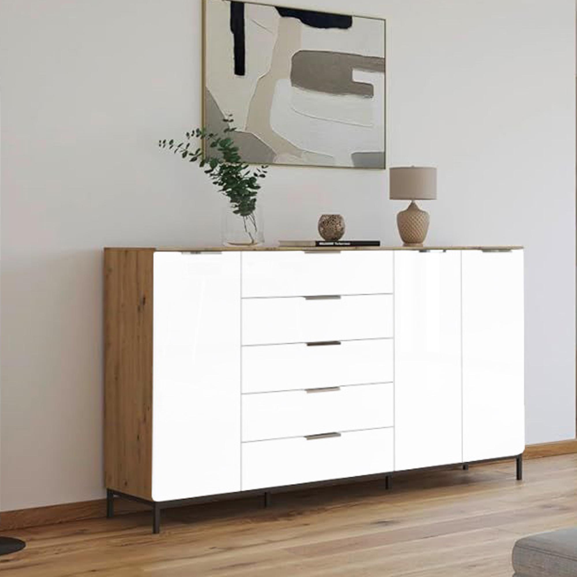 Rauch Flipp 3 Door Sideboard with Metal Base - 199cm - Artisan Oak and Alpine White