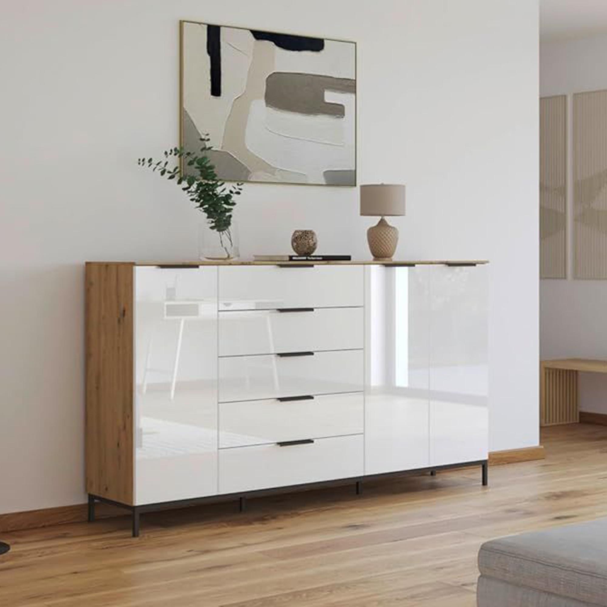 Rauch Flipp 3 Door Sideboard with Metal Base - 199cm - Artisan Oak and White Glass