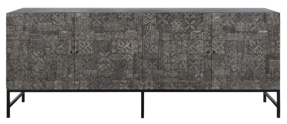 Sahara Black Washed Carved Mango Wood 4 Door Extra Large Sideboard