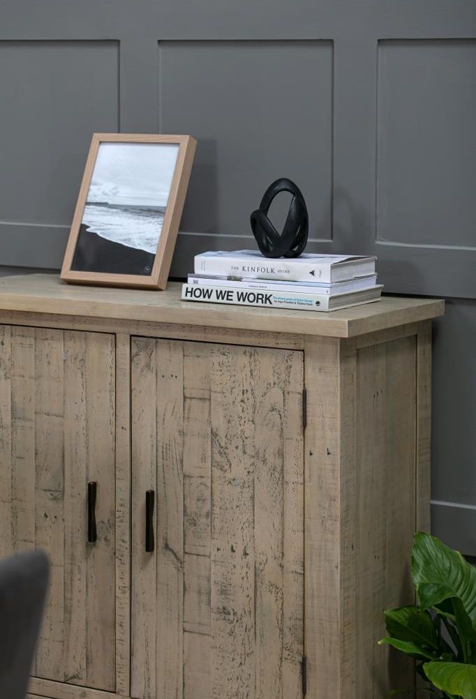 Washed Grey Reclaimed Pine 2 Door Small Sideboard - 95cm