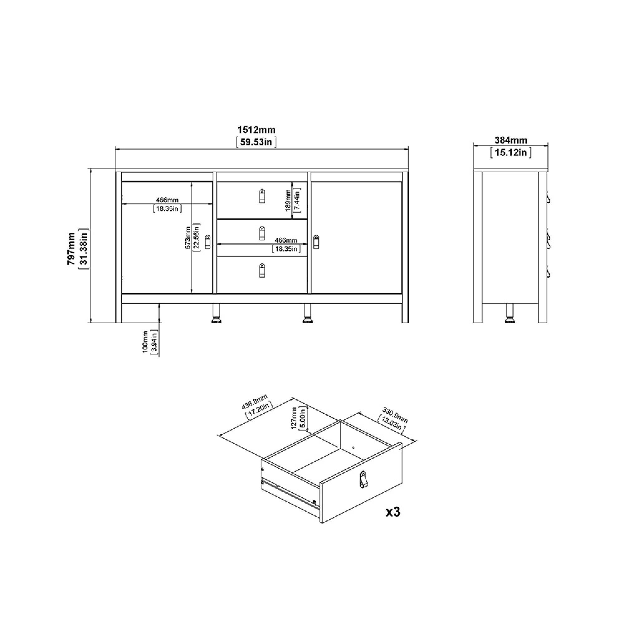 Barcelona Sideboard - 2 Door - 3 Drawer - Medium - Jackson Hickory Oak