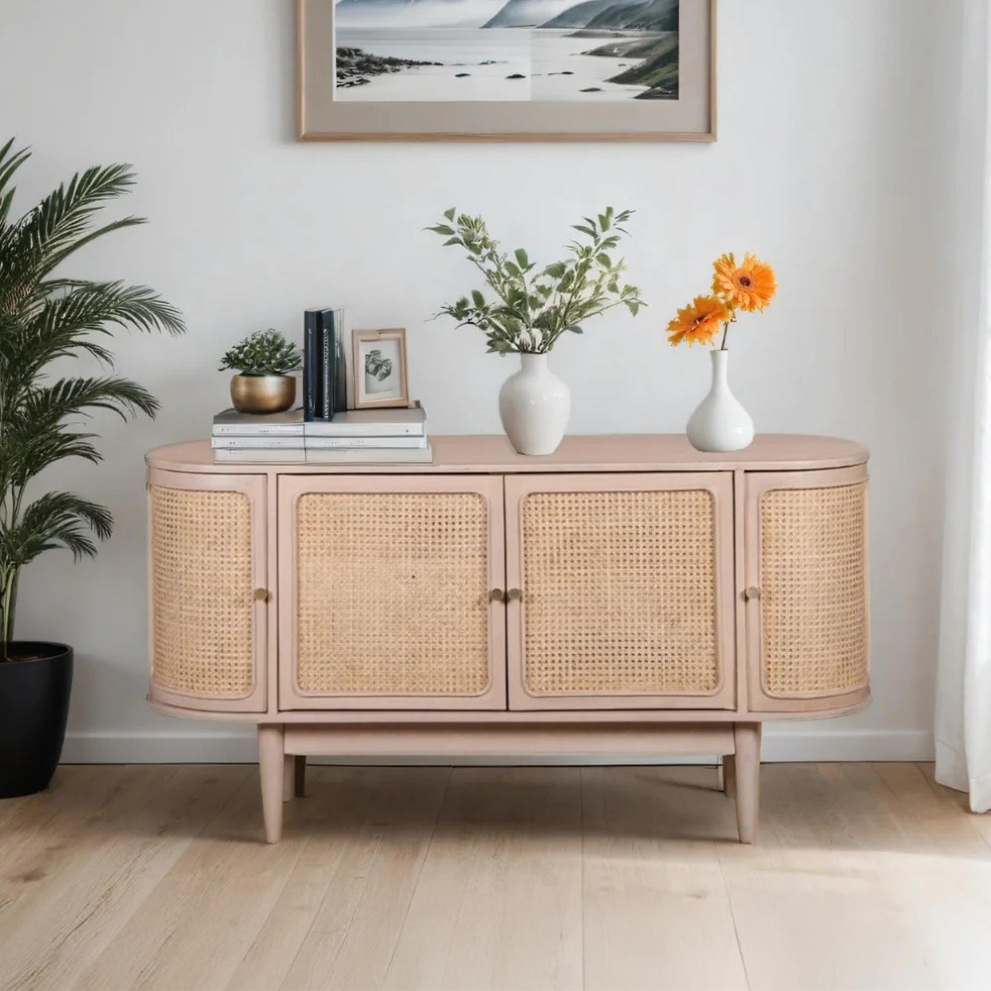 Valencia Sideboard - 4 Door - Medium - Curved - Natural Rattan and Mango Wood