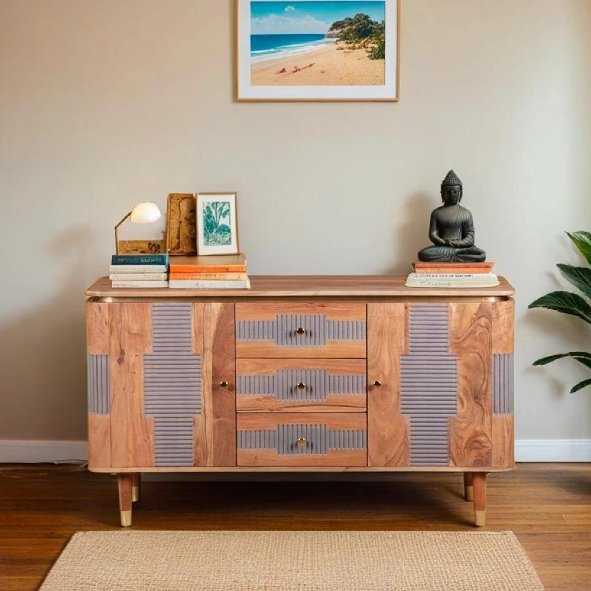 Wilton Sideboard - 2 Door 3 Drawer - Medium - Ribbed - Gold Trim - Acacia Wood