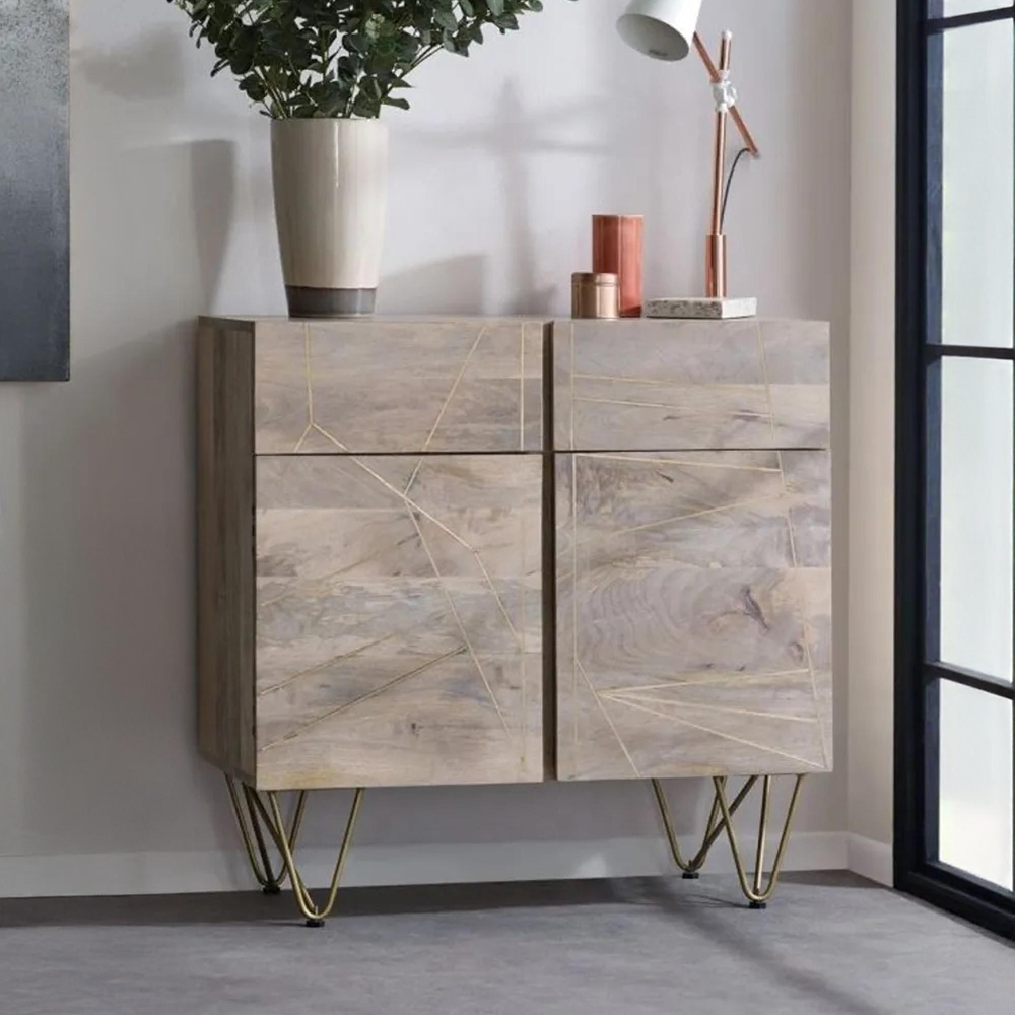 Sideboard - 2 Door 2 Drawer - Small - Hairpin Legs - Gold Geometric Inlay - Light Mango Wood
