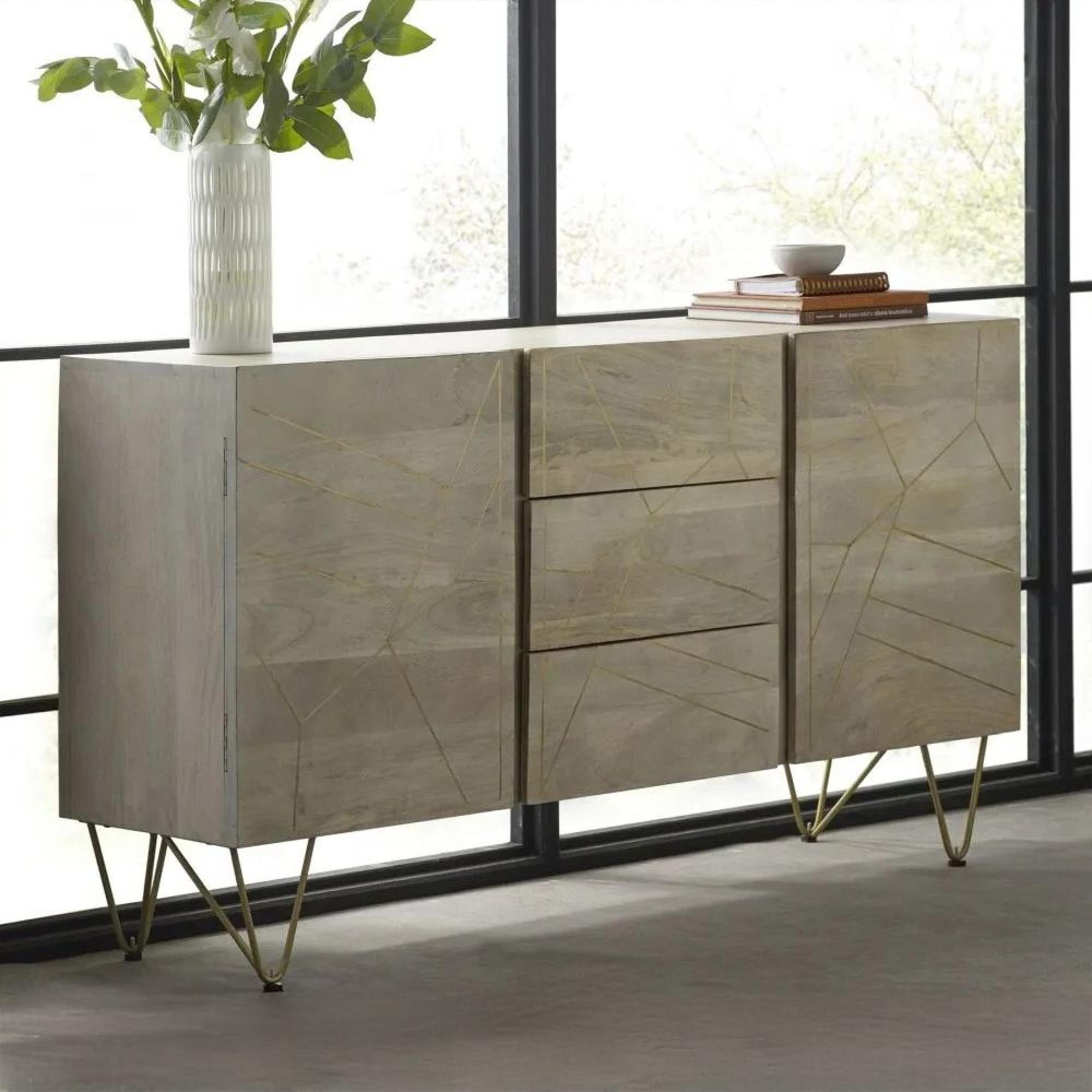 Sideboard - 2 Door 3 Drawer - Large - Hairpin Legs - Gold Geometric Inlay - Light Mango Wood