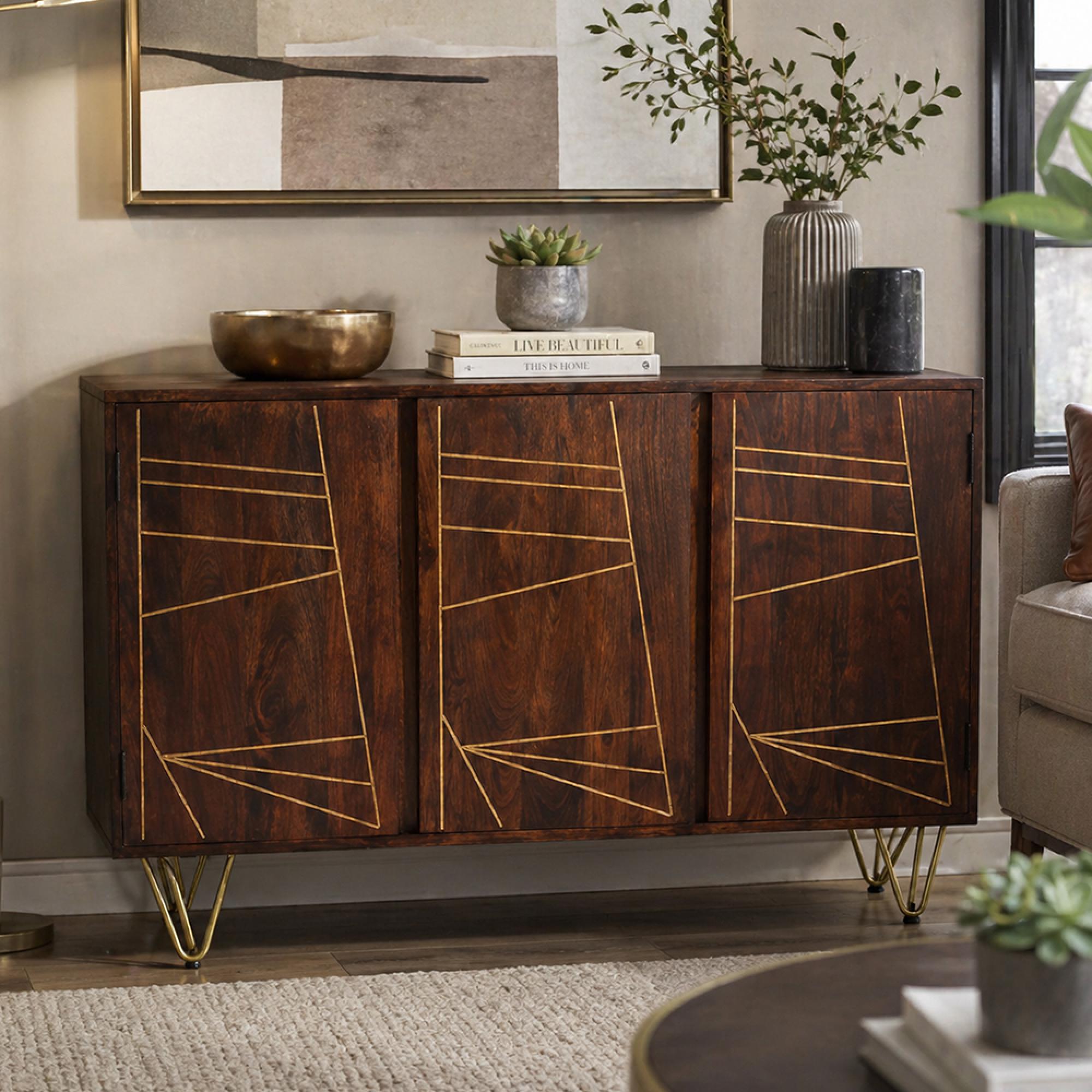 Sideboard - 3 Door - Medium - Hairpin Legs - Gold Geometric Inlay - Dark Mango Wood