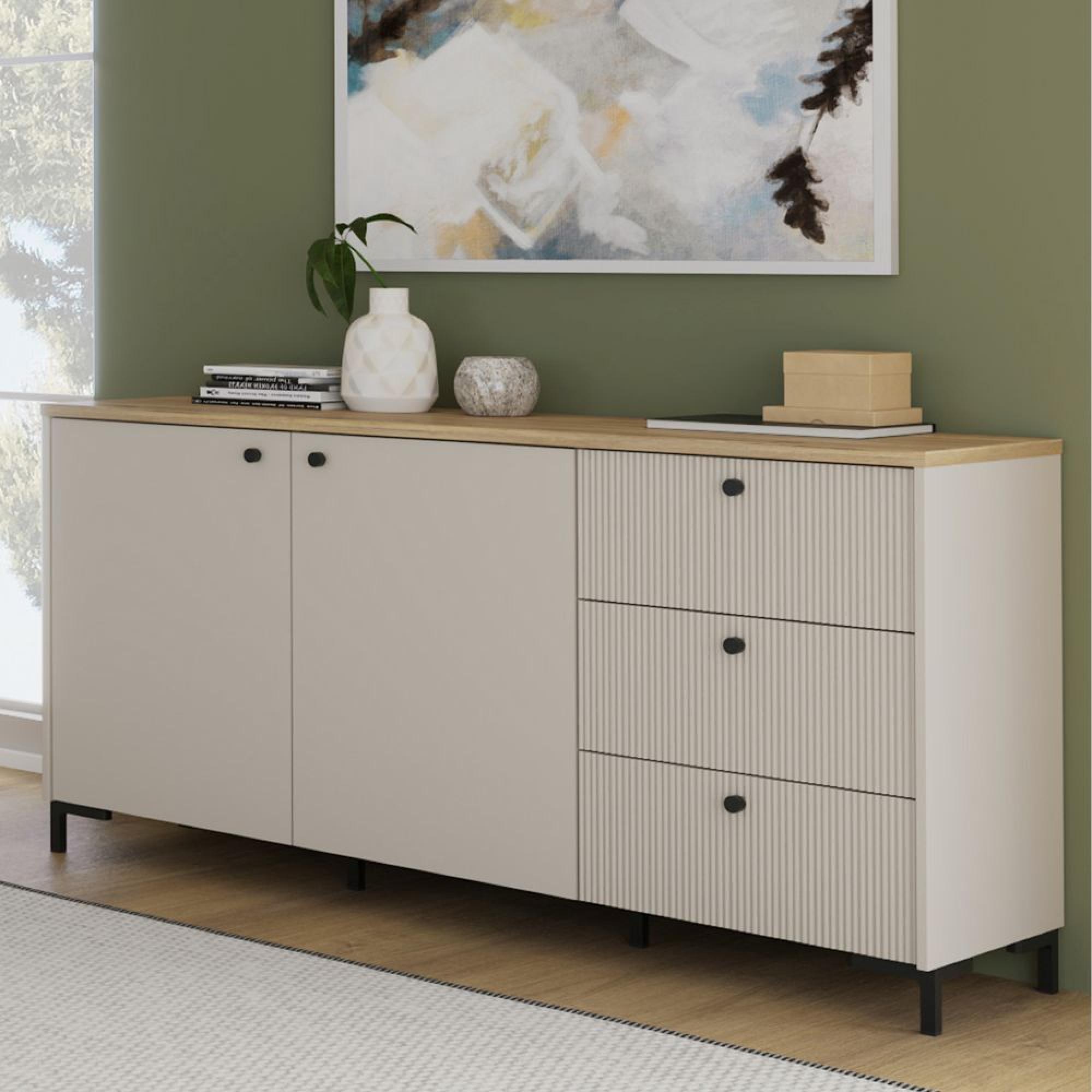 Bixbite Sideboard - 2 Door - 3 Drawer - Medium - Fluted - Light Oak and Sand
