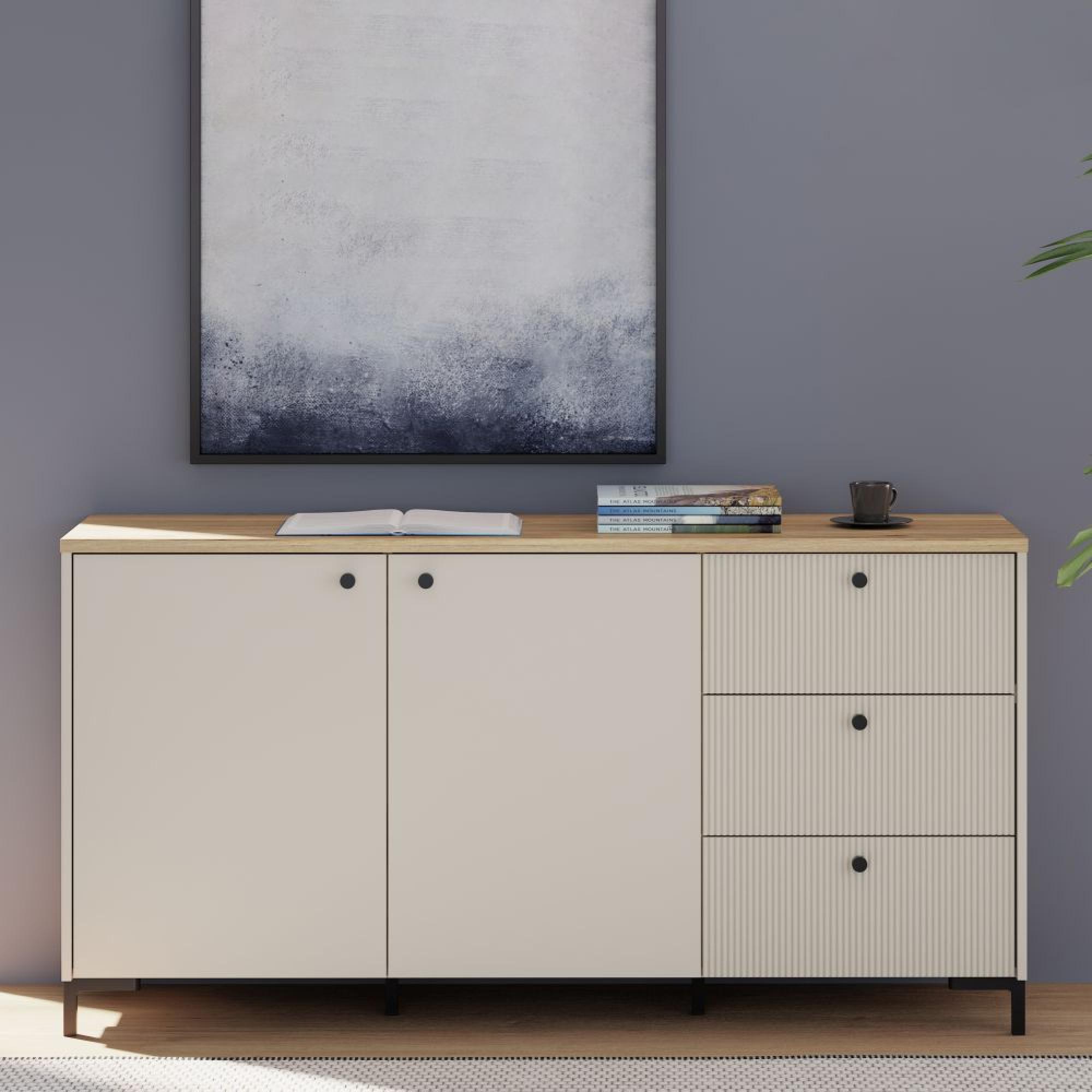 Bixbite Sideboard - 2 Door - 3 Drawer - Medium - Fluted - Light Oak and Sand