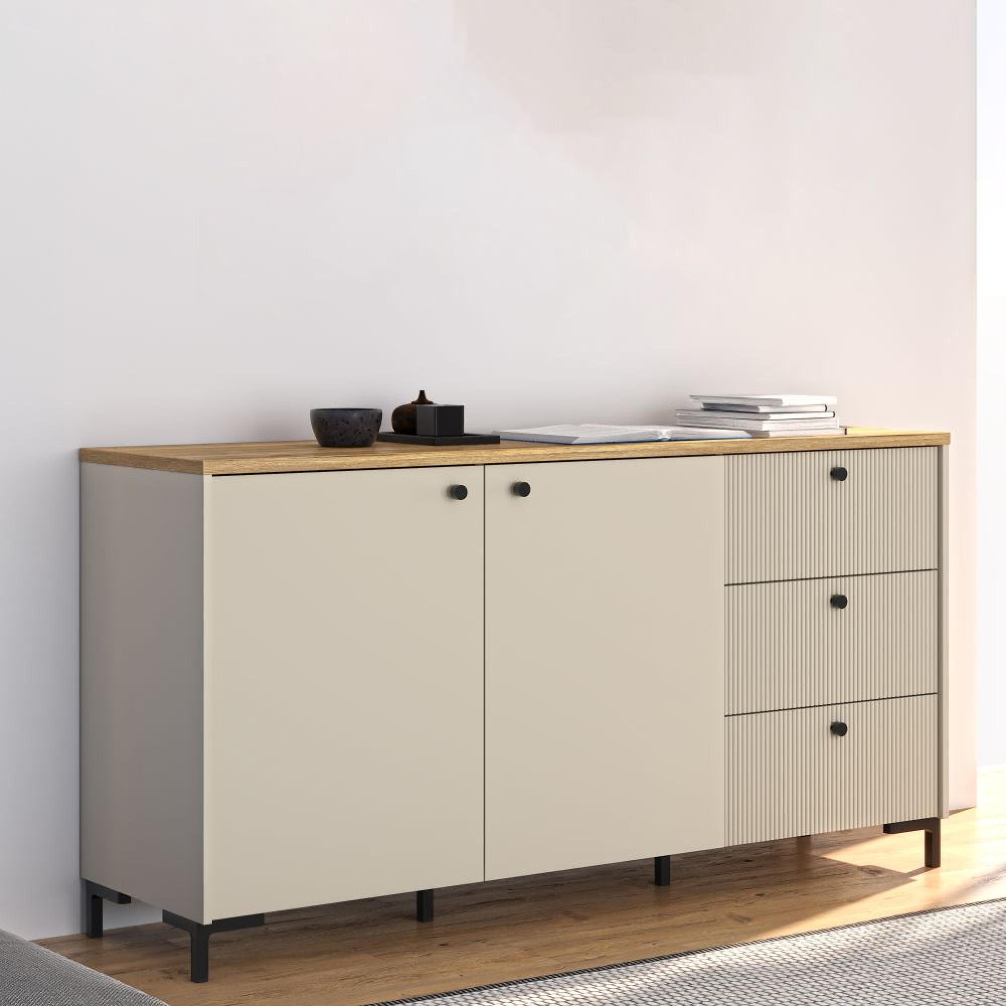 Bixbite Sideboard - 2 Door - 3 Drawer - Medium - Fluted - Light Oak and Sand