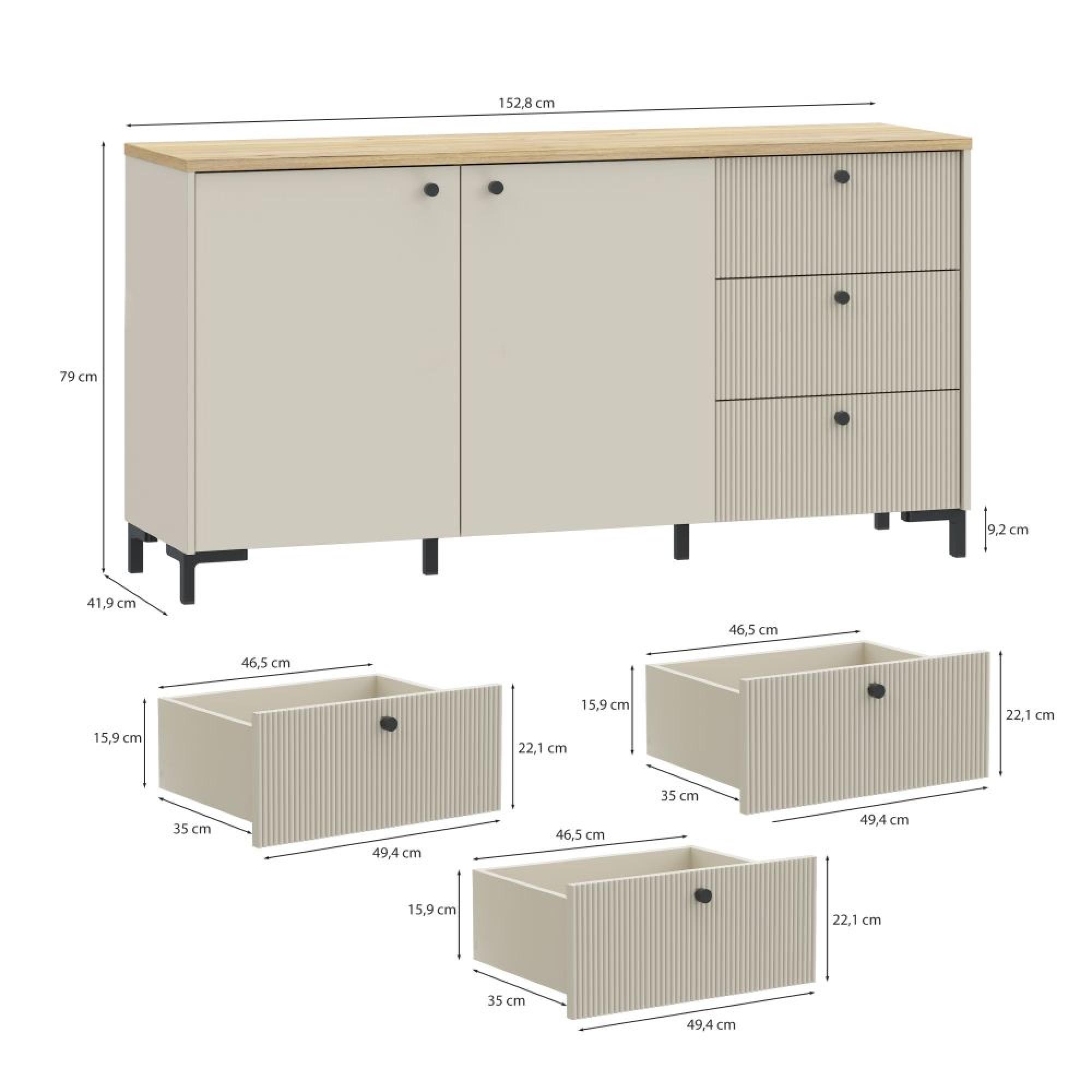 Bixbite Sideboard - 2 Door - 3 Drawer - Medium - Fluted - Light Oak and Sand