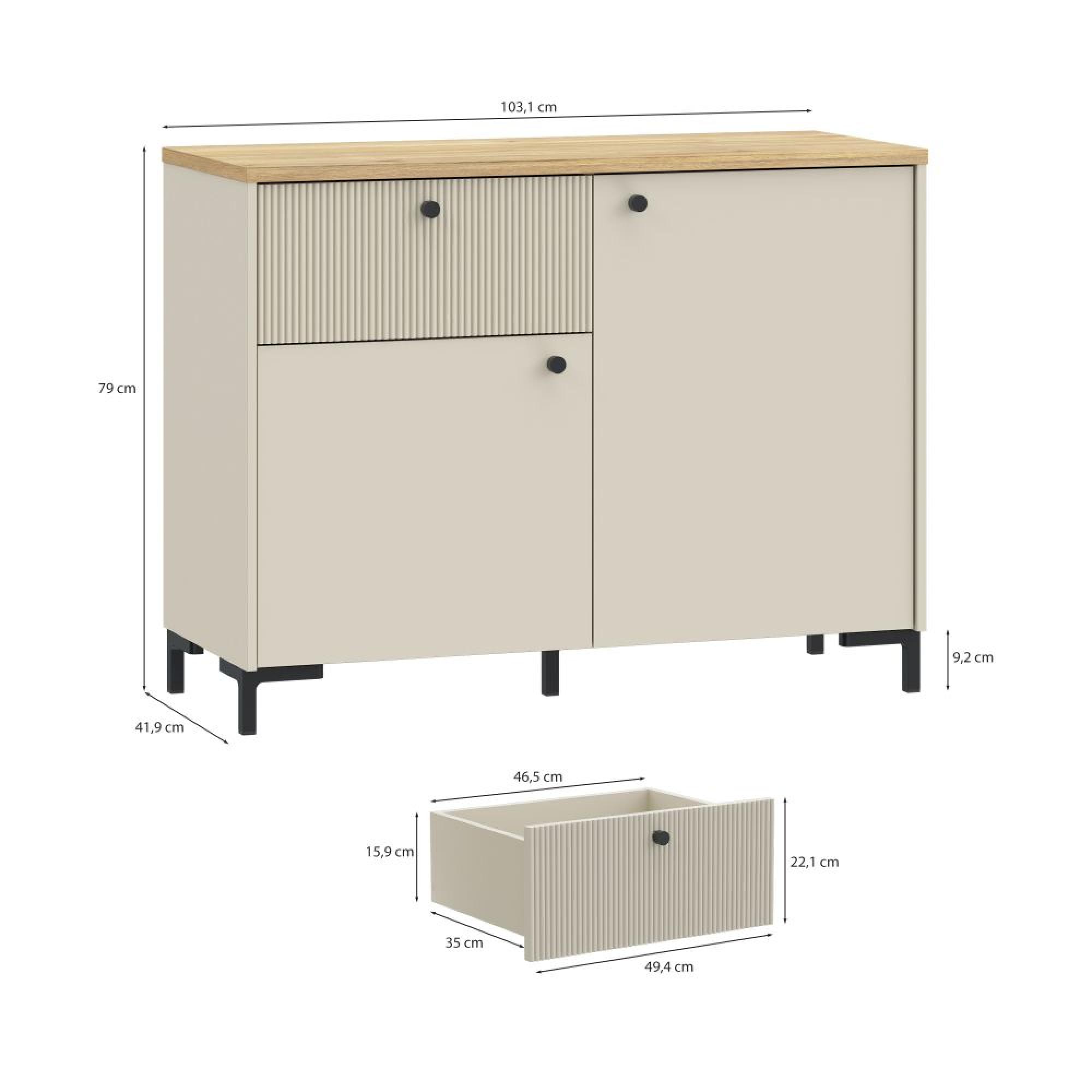 Bixbite Sideboard - 2 Door - 1 Drawer - Small - Fluted - Light Oak and Sand