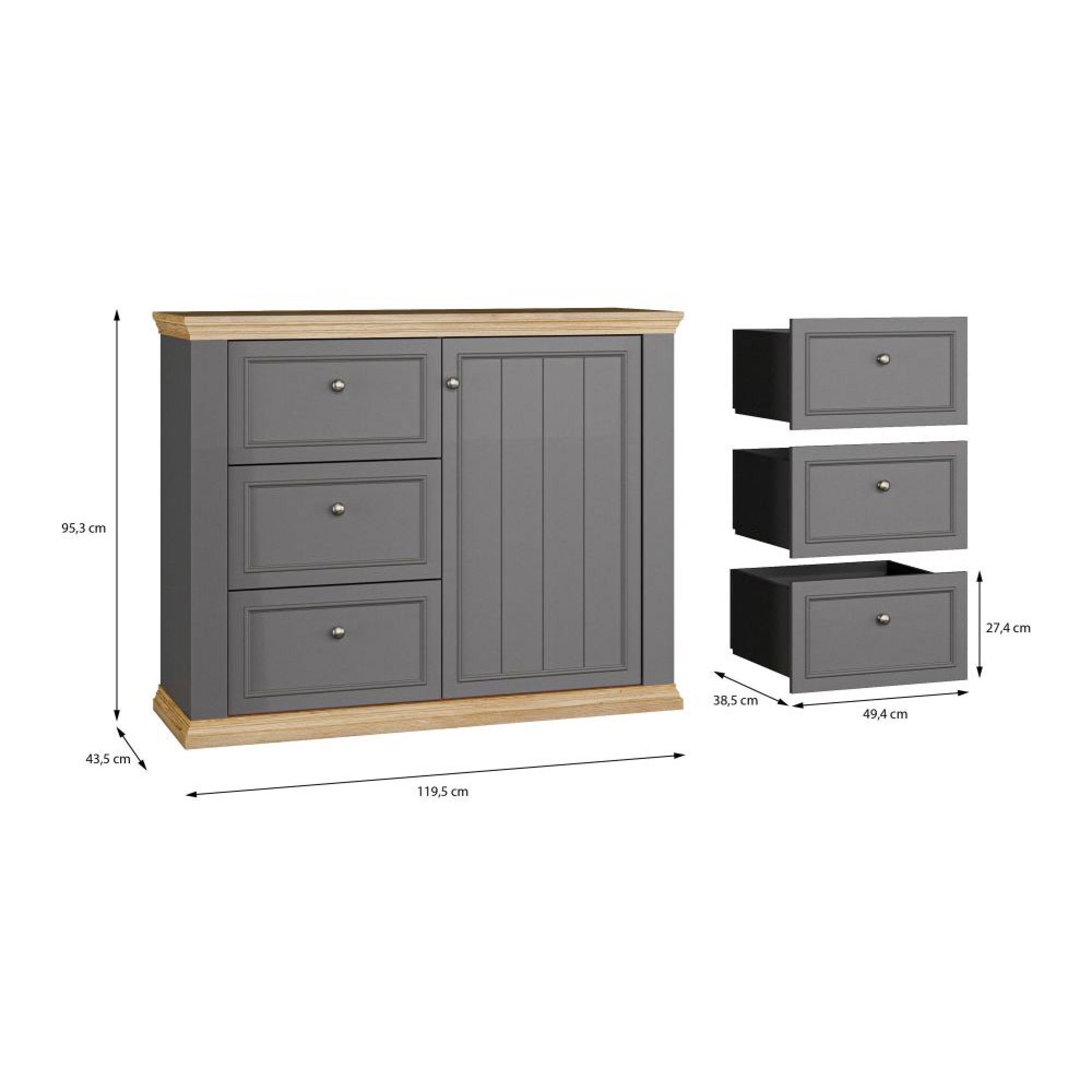 Pontypool Sideboard - 1 Door - 3 Drawer - Dark Grey and Light Oak